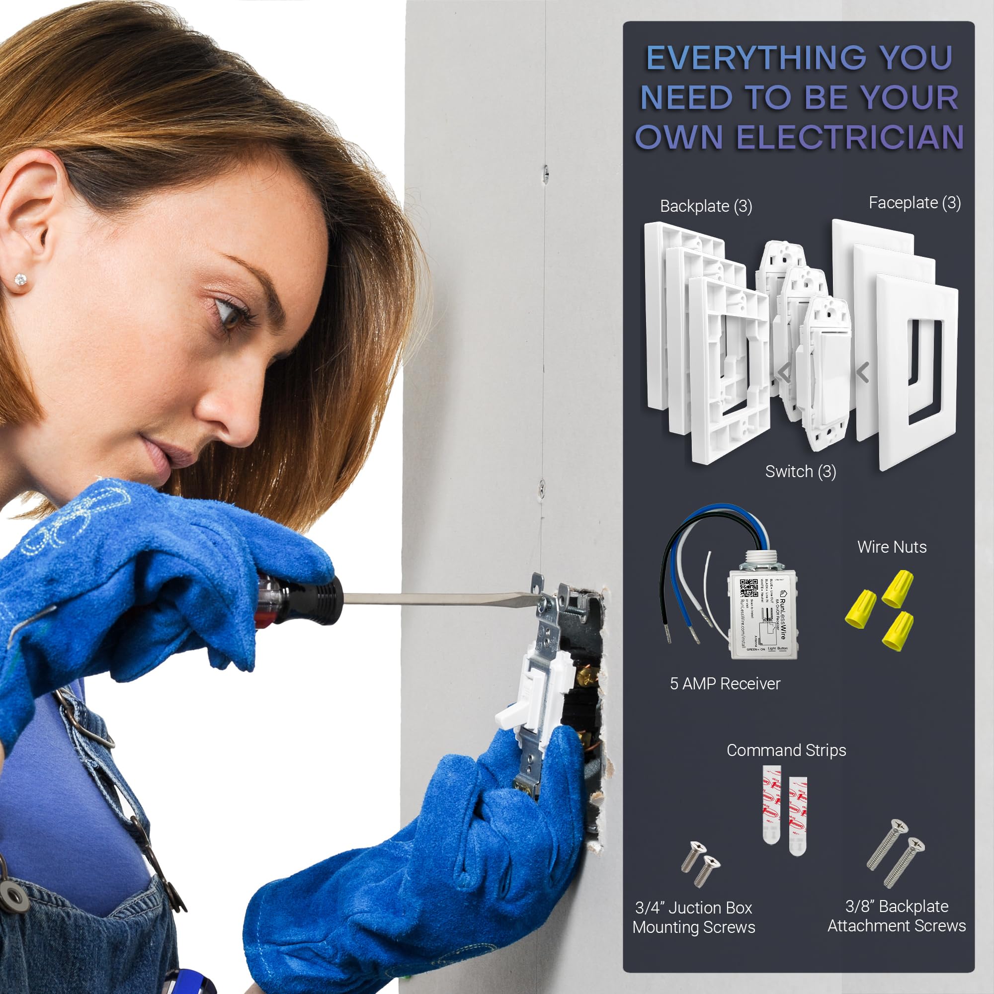 RunLessWire 4-Way Wireless Light Switch Kit - Battery-Free Self-Powered Kinetic Remote Wall Switch with 150ft RF Range (1 On/Off Receiver + 3 Switches) in Light Almond - Perfect for Home Automation, Smart Lighting Control & DIY Electrical Projects