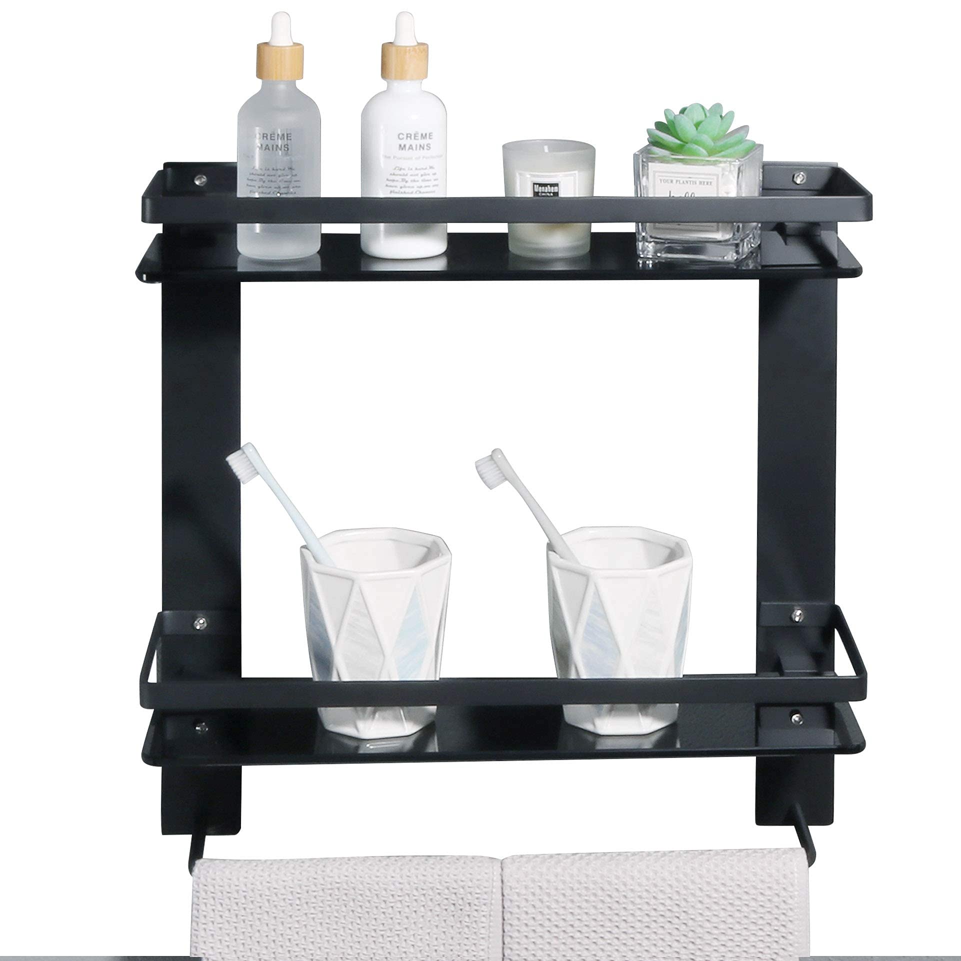 Double Layer Glass Bathroom Shelf with Towel Bar - SUS 304 Stainless Steel Wall Mounted Shelves for Shower, Toilet & Vanity Organization - Matte Black Finish (Includes Screws & Adhesive) - Perfect for Small Bathrooms & Modern Home Decor
