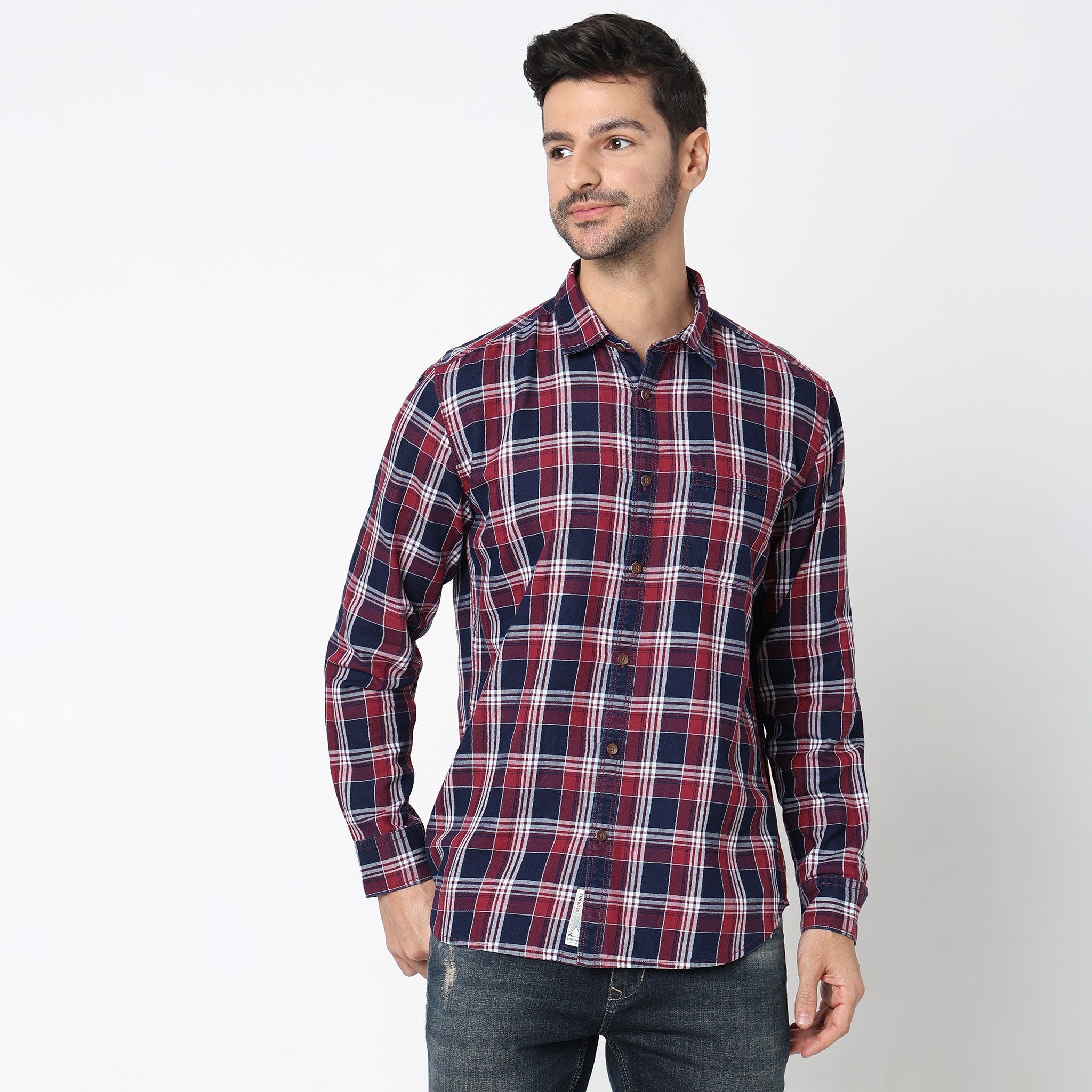 Cruiser™ Authentic Indigo Regular Fit Checkered Denim Shirt for Men | Classic Casual Wear for Everyday Outfits & Outdoor Adventures