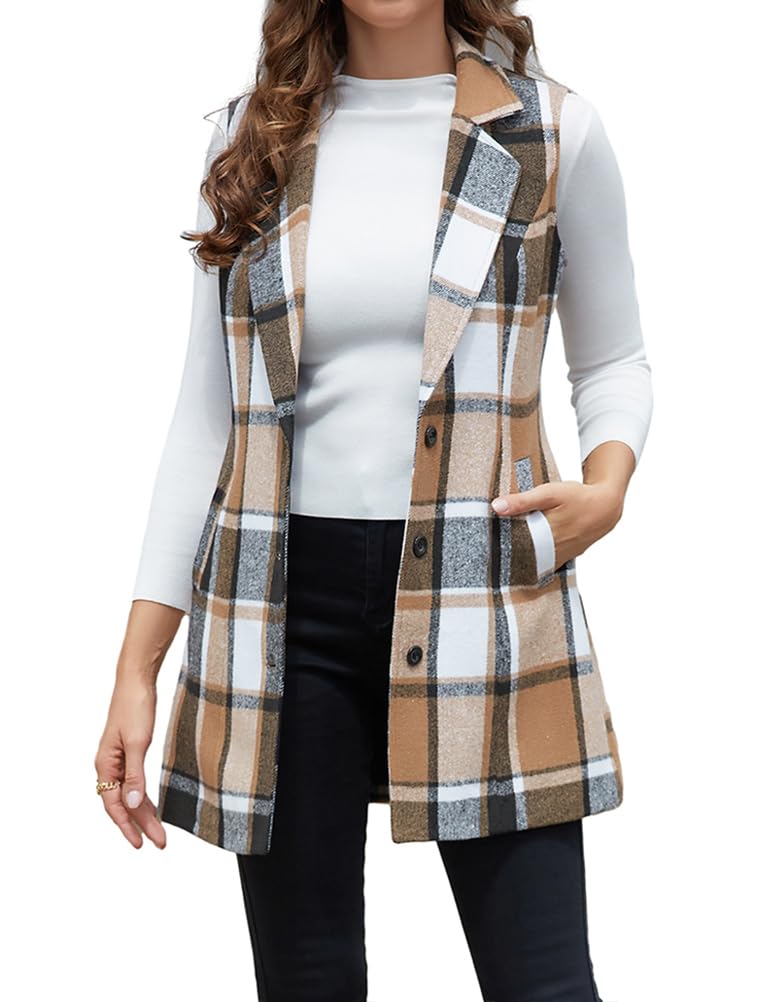 IDEALSANXUN Women's Plaid Vest - Fall Winter Sleeveless Blazer Jacket for Office, Casual, and Outdoor Wear