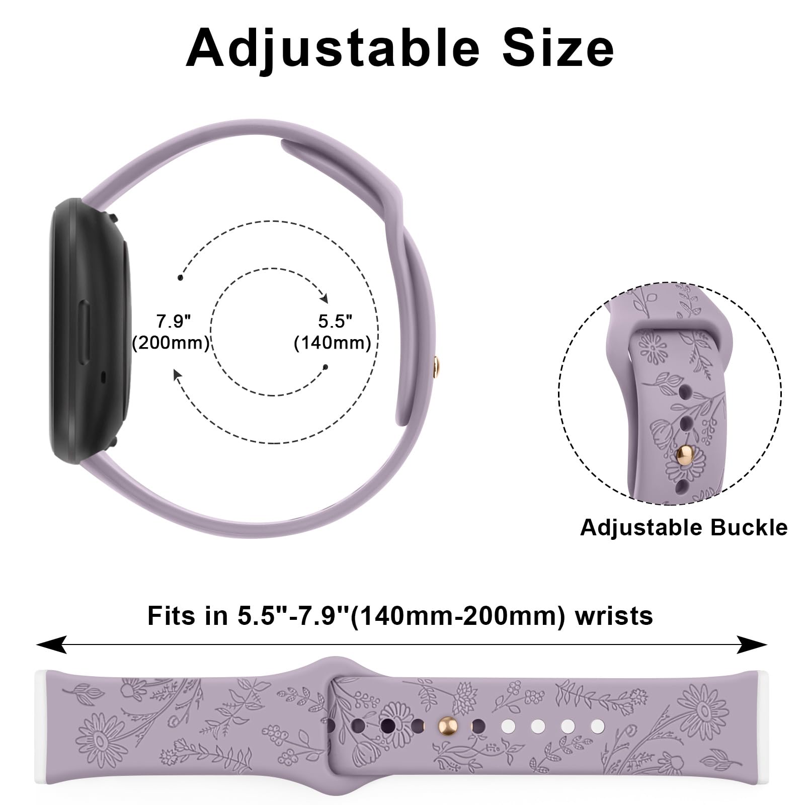 Vancle Floral Engraved Silicone Replacement Band for Fitbit Versa 4/3 & Sense 2/Sense - Soft Comfortable Strap for Women & Men - Perfect for Workouts, Daily Wear & Smartwatch Accessorizing