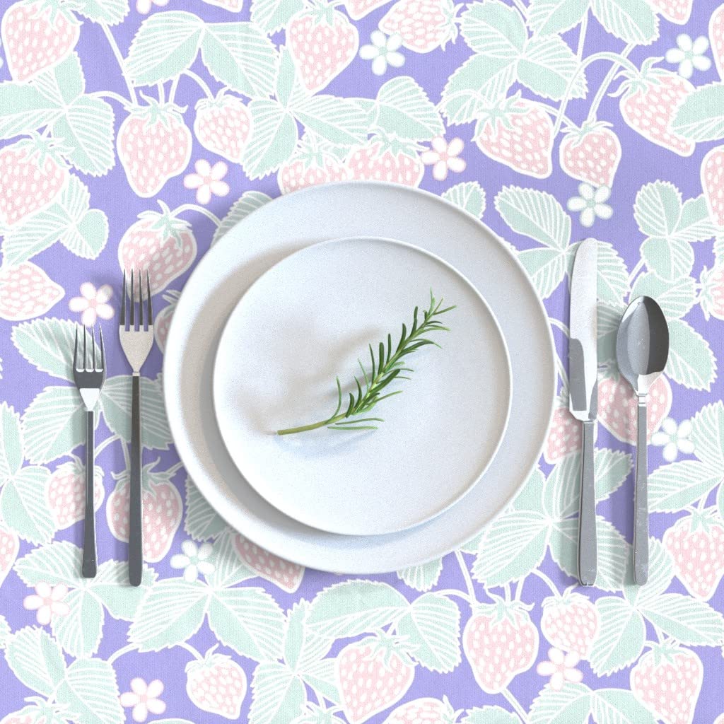 Custom Cotton Sateen Tablecloth 70x90 Inches - Pastel Strawberries Spring Lilac Mint Pink Fruit Print Table Linens for Dining Room, Kitchen, and Outdoor Picnics