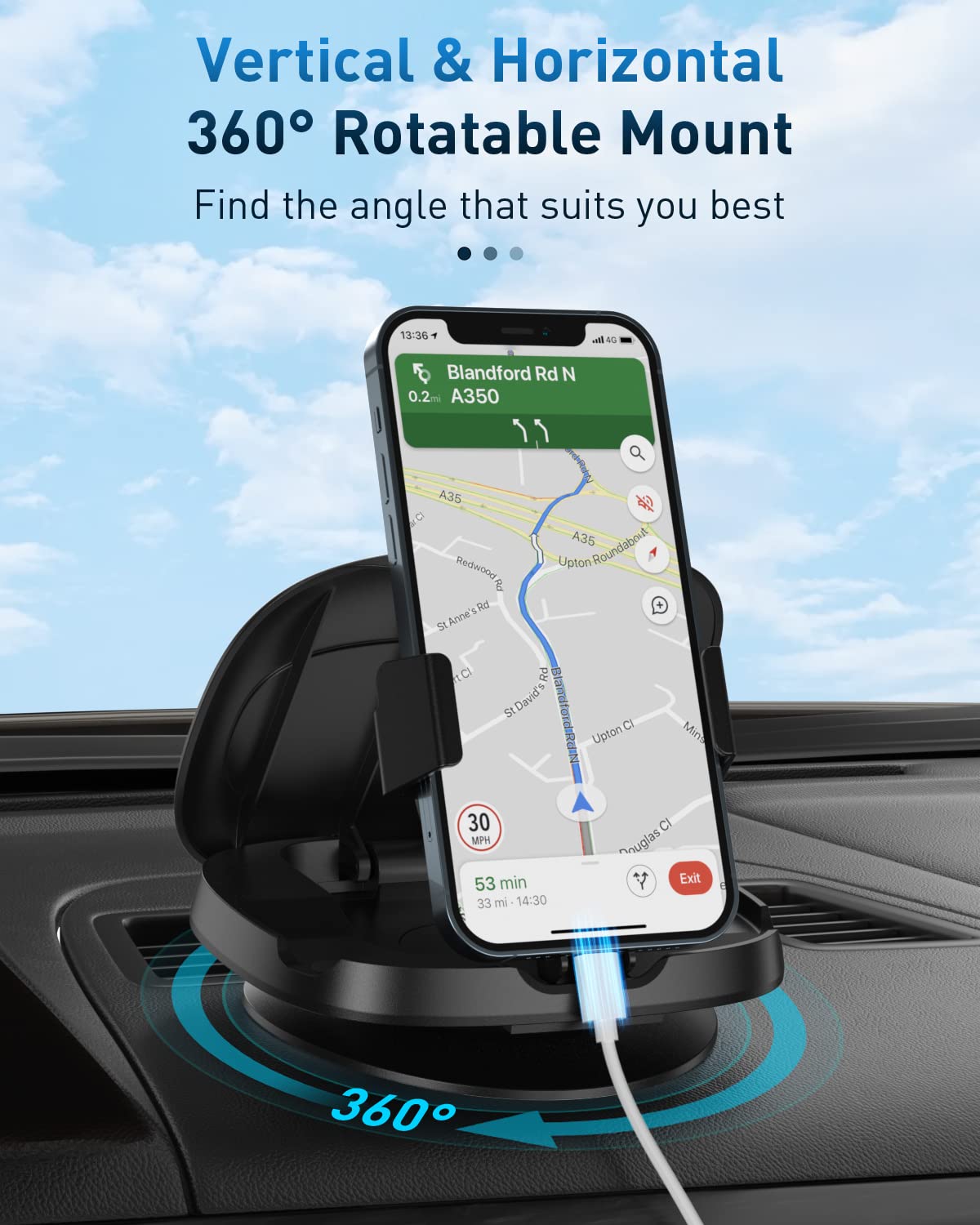 360° Rotatable Car Phone Mount - Adjustable Dashboard Phone Holder for iPhone, Samsung & All Smartphones | Horizontal & Vertical Viewing | Washable & Reusable | Perfect for GPS Navigation, Hands-Free Calls & Road Trips