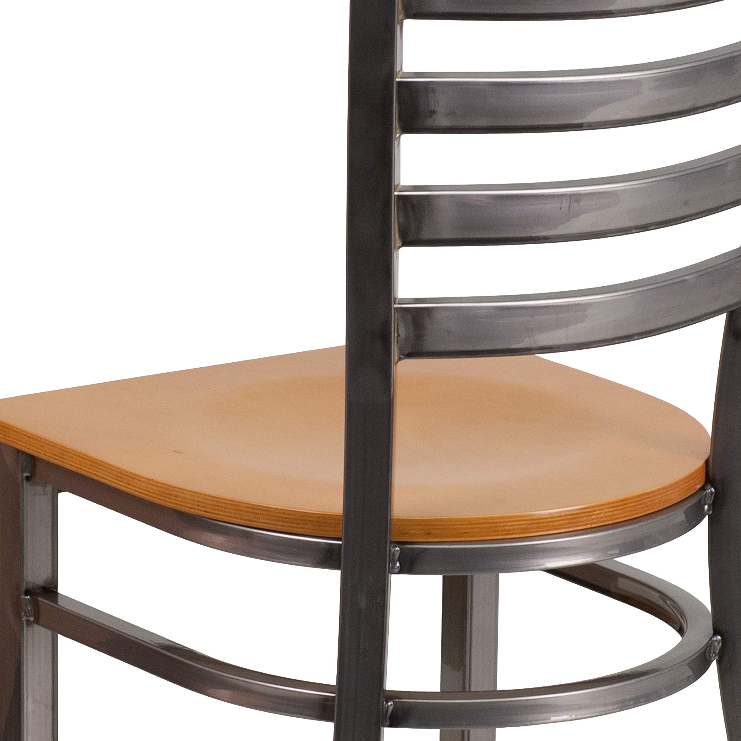 EMMA + OLIVER Clear Coated Ladder Back Metal Dining Chair with Natural Wood Seat - Modern Kitchen & Dining Room Furniture for Home, Restaurant & Cafe Use
