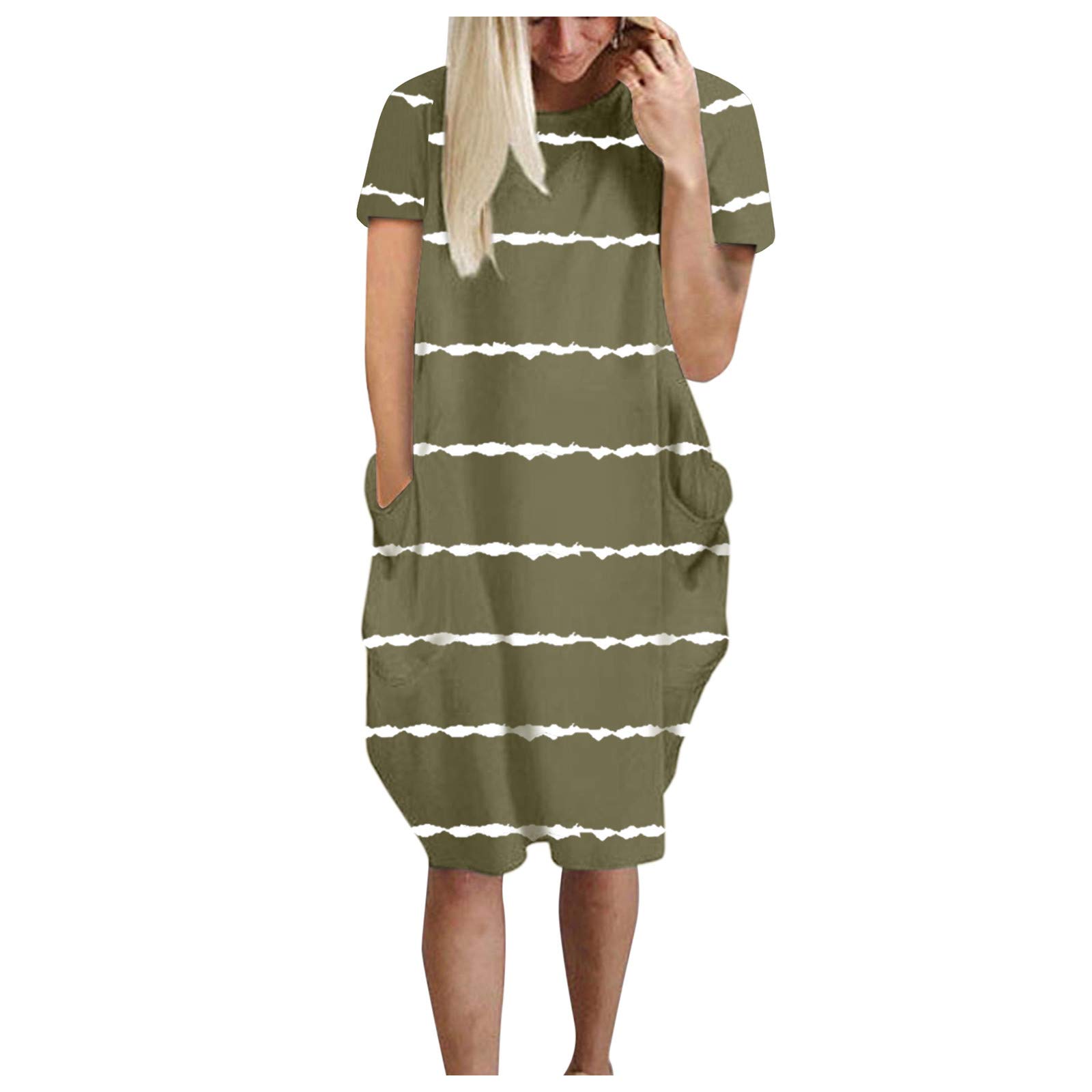 Women's Casual Summer Short Sleeve Loose Fit Striped Maxi Dress with Pockets - Perfect for Beach Vacations, Outdoor Picnics & Summer Parties