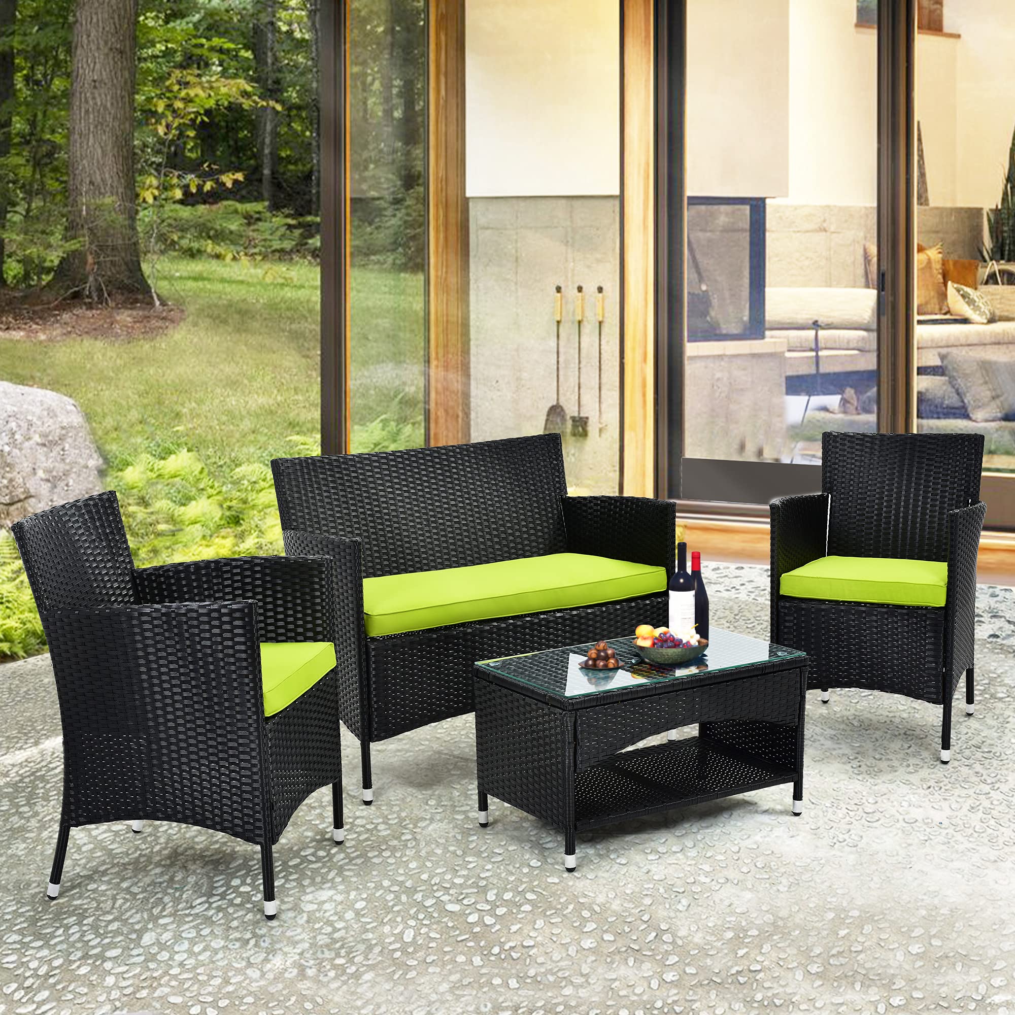 4-Piece All-Weather Wicker Patio Furniture Set - Outdoor Garden Conversation Sofa with Removable Zippered Cushions (Green) - Perfect for Backyard, Poolside, and Terrace Relaxation
