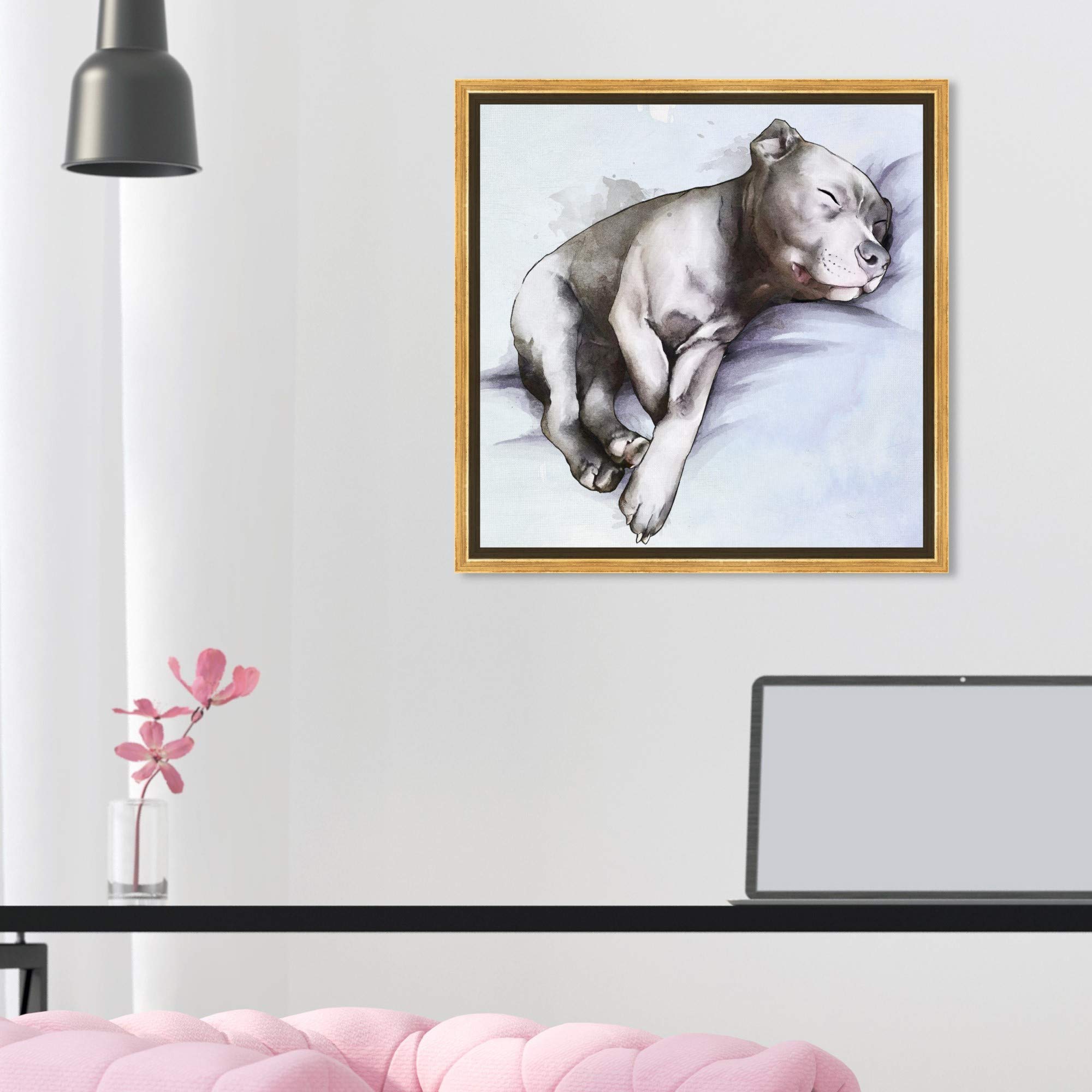 Sleeping Pitbull Framed Wall Art Canvas Print - 16x16 Inches, Gray & Blue - Modern Dog & Puppy Home Décor for Living Room, Bedroom, or Office