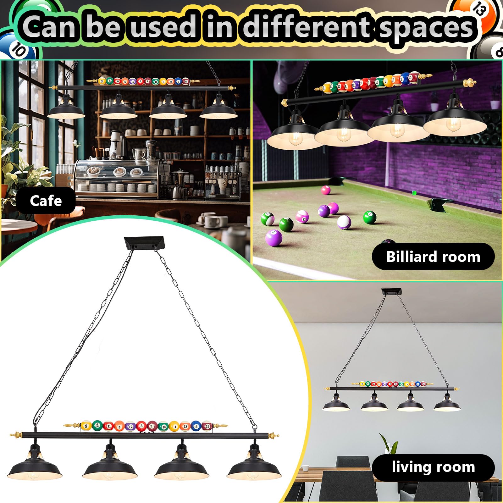 Adjustable Pool Table Lights for 7'-8' Billiard Tables - Hanging LED Pendant Lamp with Metal Shades for Game Rooms & Man Caves (Bulb Not Included, 4-Light Fixture) - Perfect for Home Bars, Basements, and Entertainment Spaces