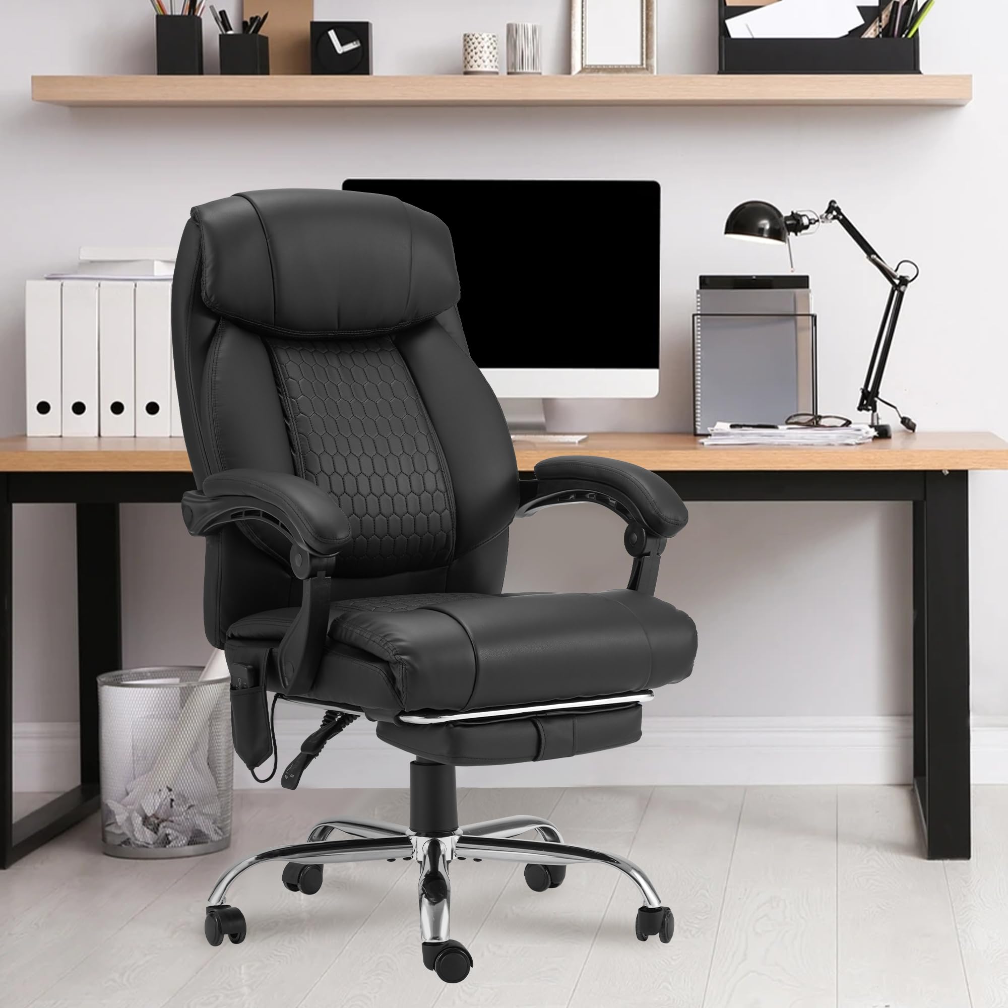 HOMREST Ergonomic Reclining Office Chair with 4-Point Massage & Heat - Adjustable Executive Chair with Retractable Footrest - Comfortable Home Computer Desk Chair for Working, Gaming & Relaxing - Black