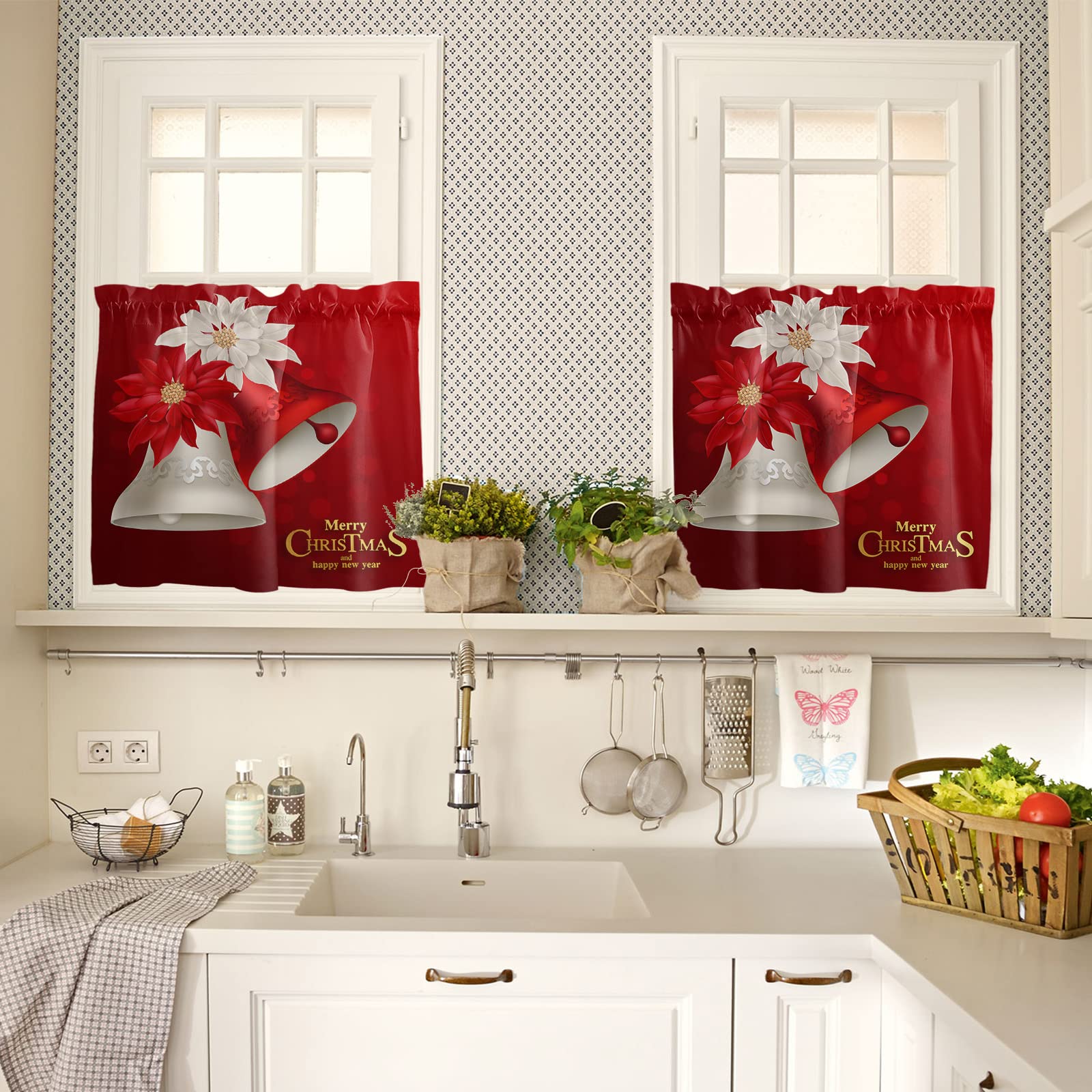 Red White Poinsettia Flower Window Valance Curtains with Rod Pocket - 2 Panels Short Tier Drapes for Kitchen, Bedroom, Living Room & Cafe - Christmas Holiday Decor - Perfect for Privacy, Seasonal Home Decor & Festive Atmosphere
