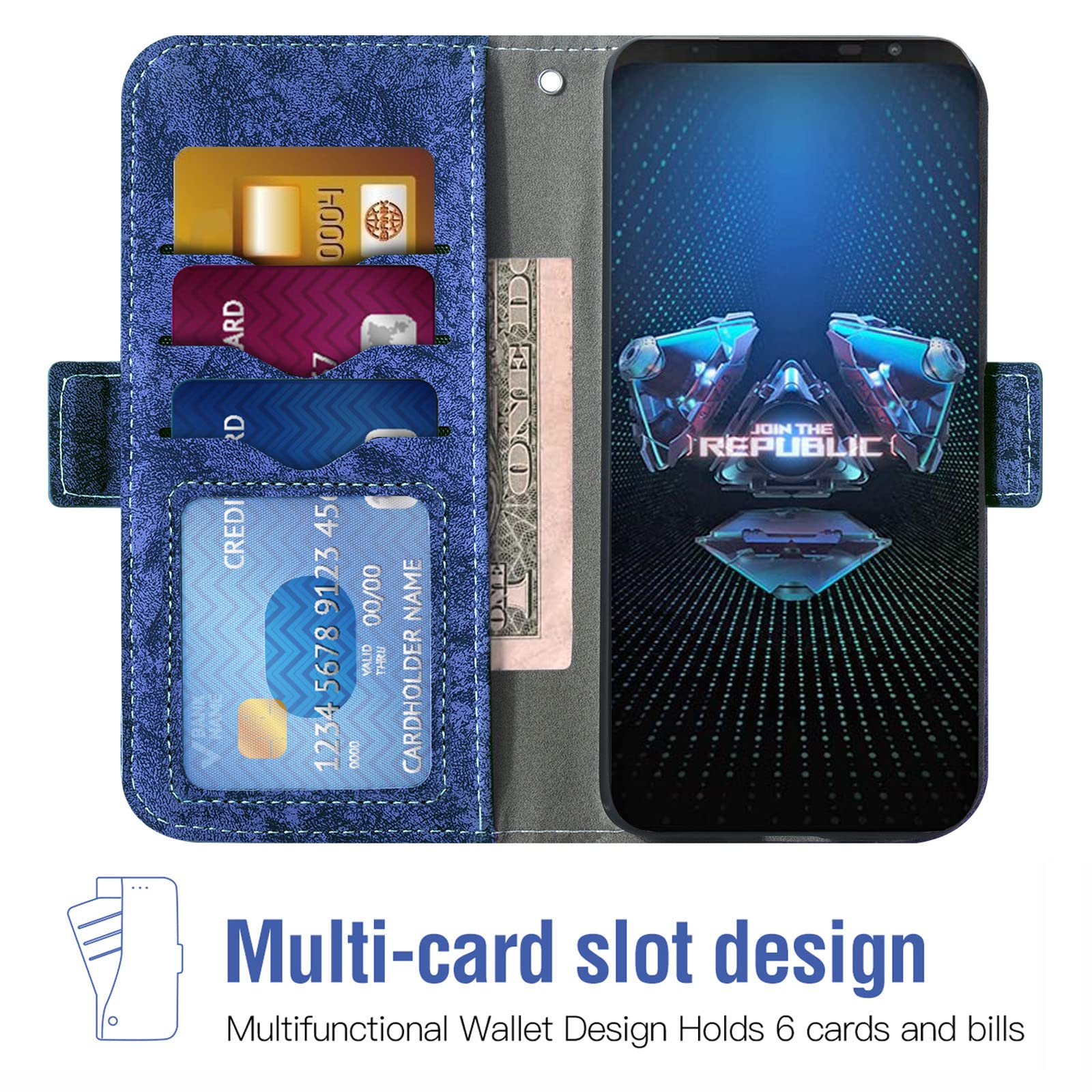 ASUS ROG Phone 5/5s Series Wallet Case with Tempered Glass Screen Protector, Magnetic Kickstand & Card Holder - Compatible with ROG Phone 5/5 Pro/5s/5s Pro/5 Ultimate - Perfect for Gaming, Travel & Daily Use (Blue)
