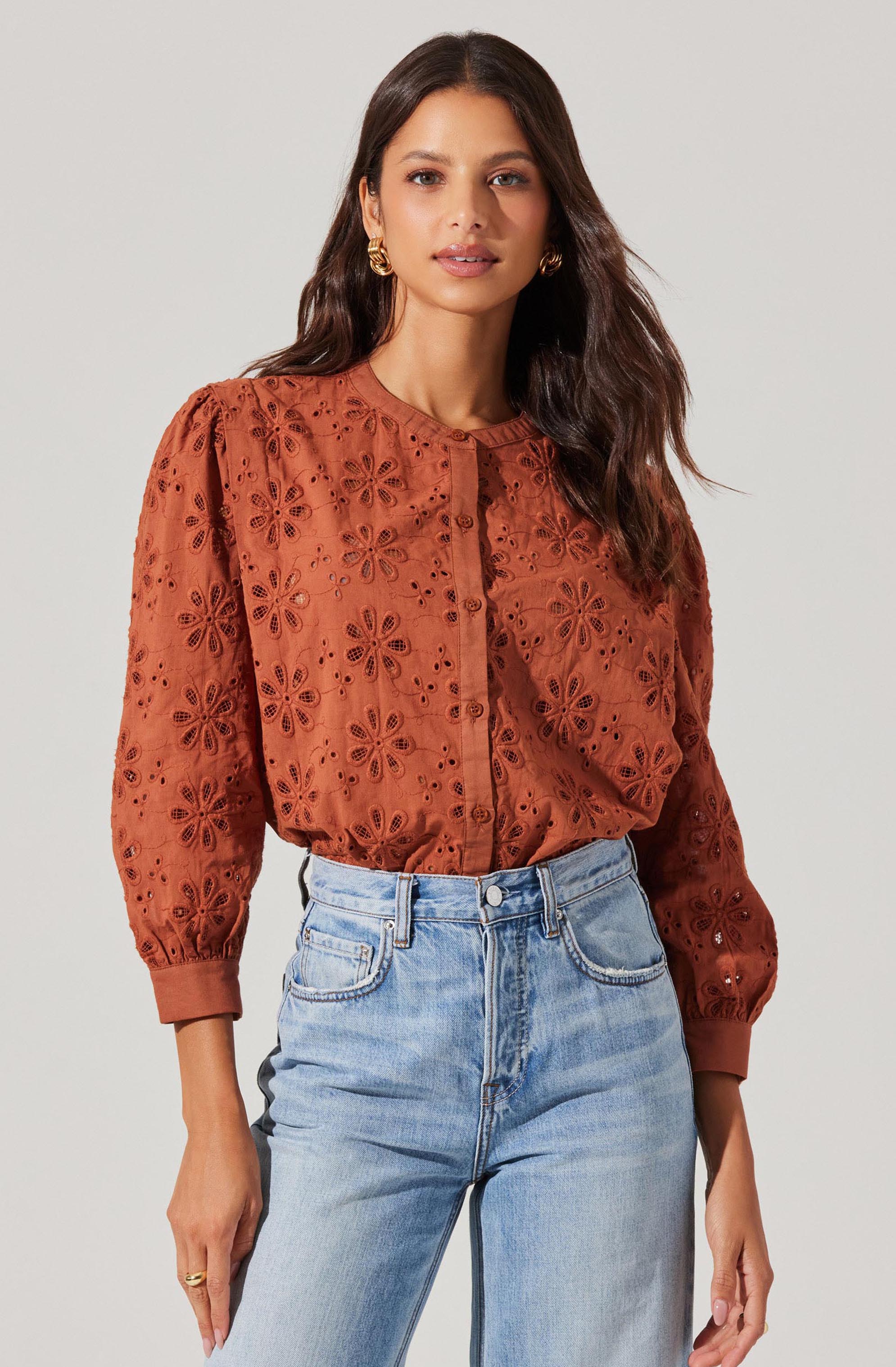 Savanna Eyelet Button Up Top for Women - Floral Lace Blouse with Short Sleeves - Perfect for Summer, Office Wear & Casual Outings