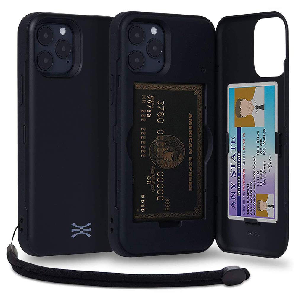 TORU CX PRO Slim Shockproof iPhone 12/12 Pro Case with Card Holder & Kickstand - Protective Wallet Cover with Hidden Credit Card Slot, Mirror & Wrist Strap (Black) | Perfect for Everyday Use, Travel & Hands-Free Viewing