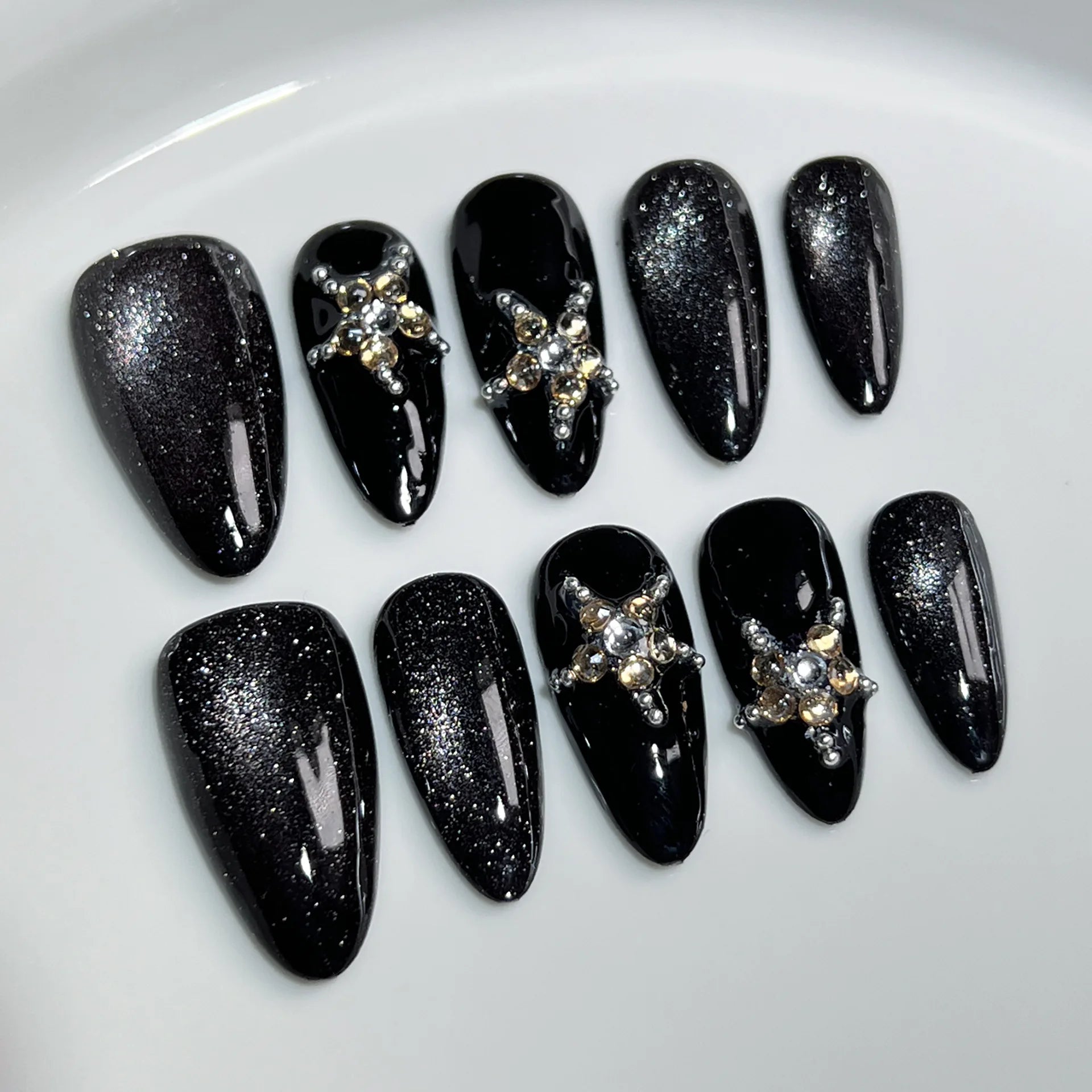 10Pcs Metallic Almond Press-On Fake Nails with Glue - Dark Color Full Cover False Nails for Manicure | Sweet & Cool Gel Nail Tips for Party, Wedding, Date Night & Special Occasions