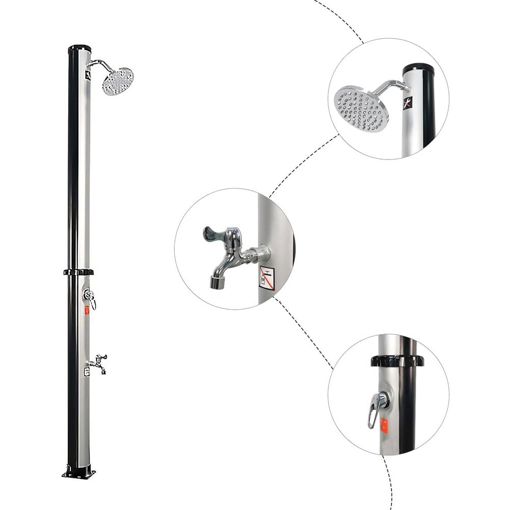 6.5 FT 5.3 Gallon Outdoor Solar-Heated Shower with 360° Rotating Shower Head & Foot Tap - Portable Camping, Beach, Poolside, Garden Shower for RV, Backyard, and Outdoor Adventures (Silver)