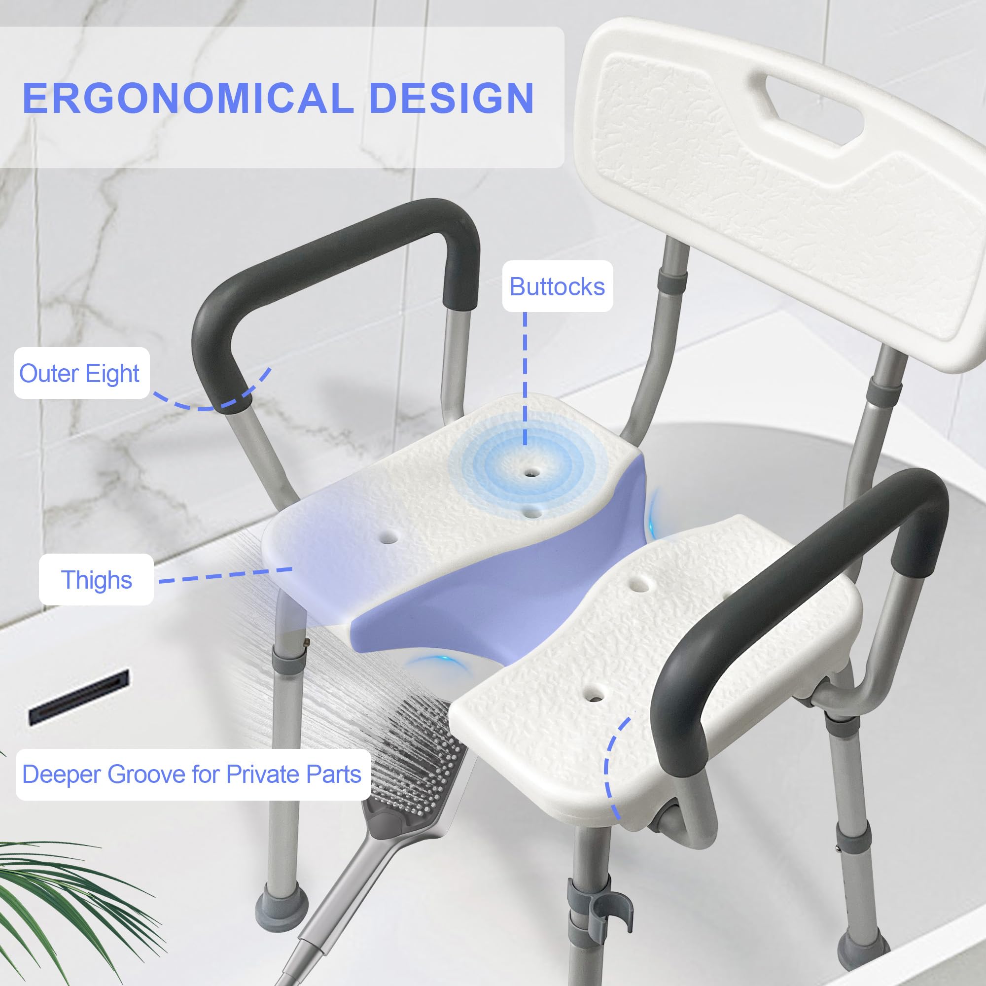 Anti-Slip Shower Chair with Arms and Back Support - U-Shaped Cutout for Easy Cleaning - Ideal for Seniors, Disabled & Handicap Users - Perfect for Bathroom Safety and Elderly Care