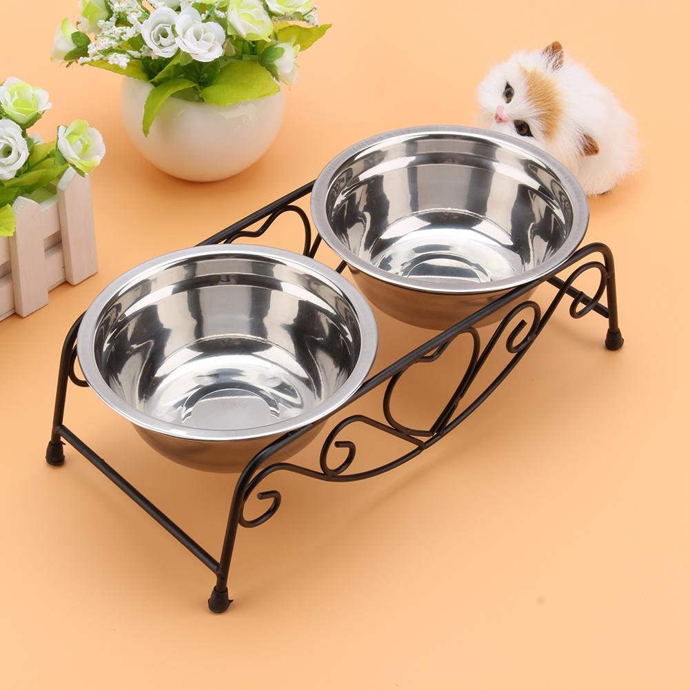 **AUNMAS Elevated Stainless Steel Pet Bowls - Double Raised Dog & Cat Food Water Bowls with Stand, 10x5.5x3.3 Inch - Perfect for Small Pets Feeding at Home or Travel**