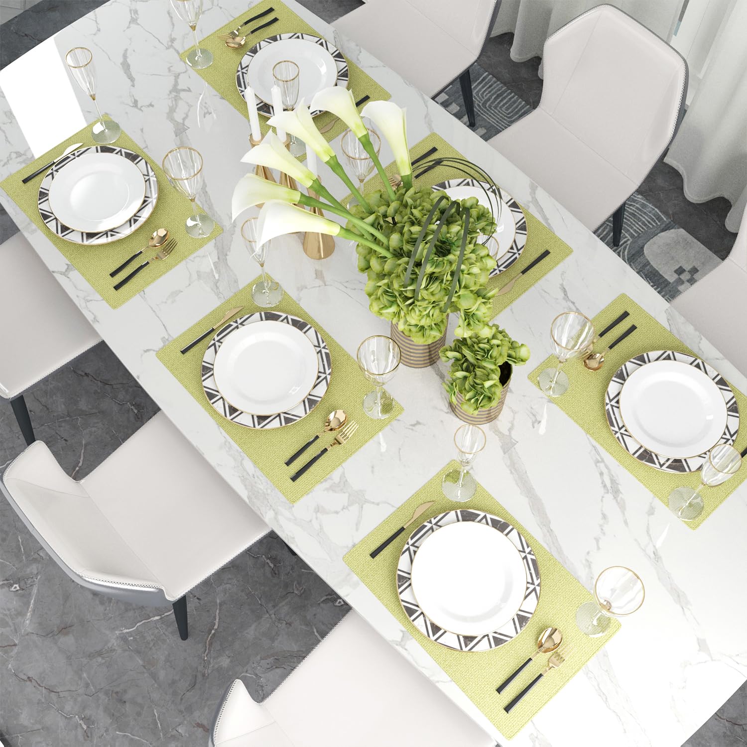 Set of 4 Soft Caddice Faux Linen Double-Sided Heat Resistant Placemats - 12x18 Inch Green Dining Table Mats for Kitchen & Formal Dining Decor