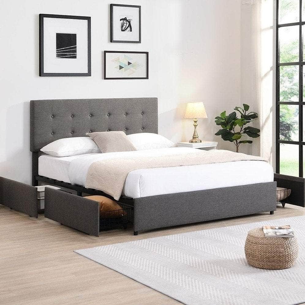 Yarrow Tufted Fabric Platform Bed with 4 Storage Drawers - Grey Queen/King Size Upholstered Bed Frame for Small Space & Guest Room