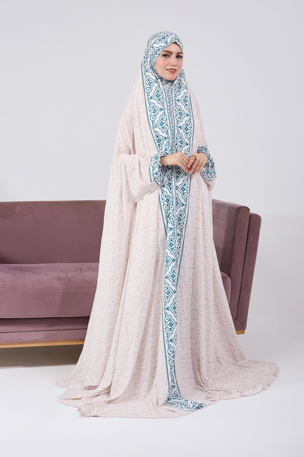 Elegant Nahlah Satin Prayer Gown with Blue Moroccan Print & Elastic Cuffs - Perfect for Muslim Women's Home Worship & Special Occasions