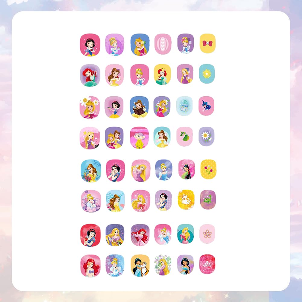 48PCS Cartoon Princess Press on Nails for Toddlers & Kids - Cute Designer Fake Nails Set, Full Cover Acrylic Nail Tips - Perfect for Easter Gifts, Birthday Parties, Dress-Up Play & Special Occasions