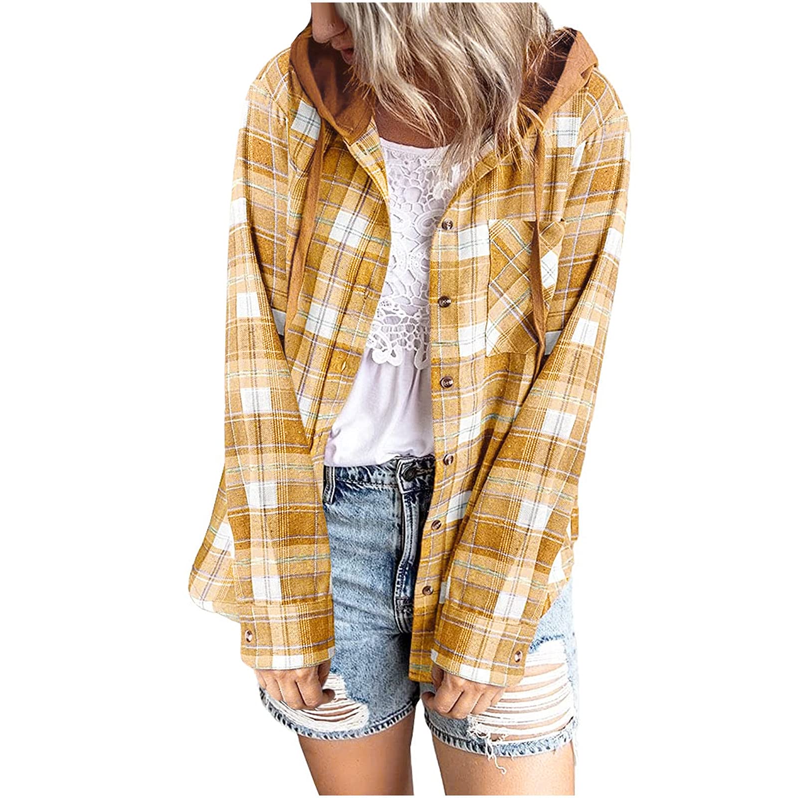 Plus Size Women's Plaid Shacket - Long Sleeve Button Down Blouse with Hoodie & Cardigan Style | Casual Fall & Winter Layering for Work, Travel & Outdoor Activities