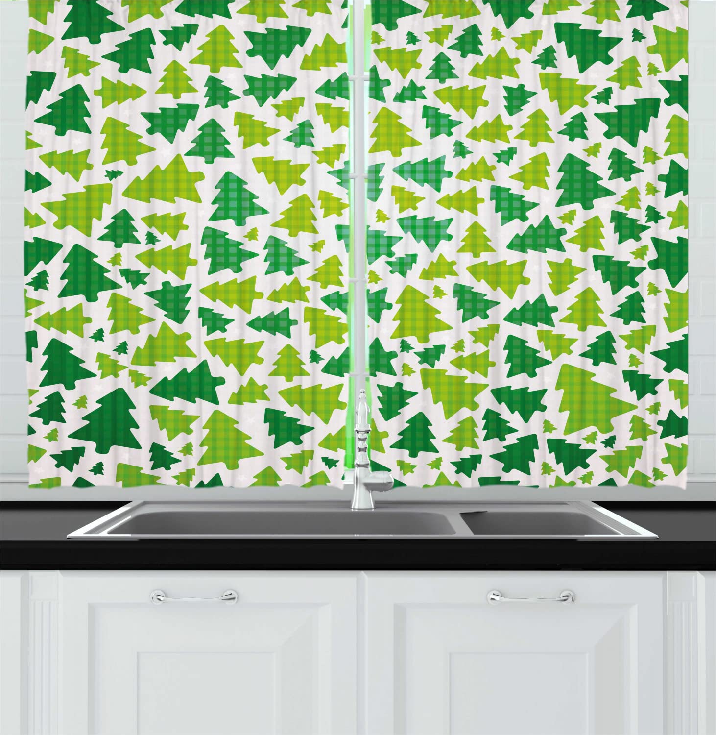 Ambesonne Christmas Long Kitchen Curtains - Fir Pine Tree Silhouette Checkered Drapes with Rod Pocket, 55