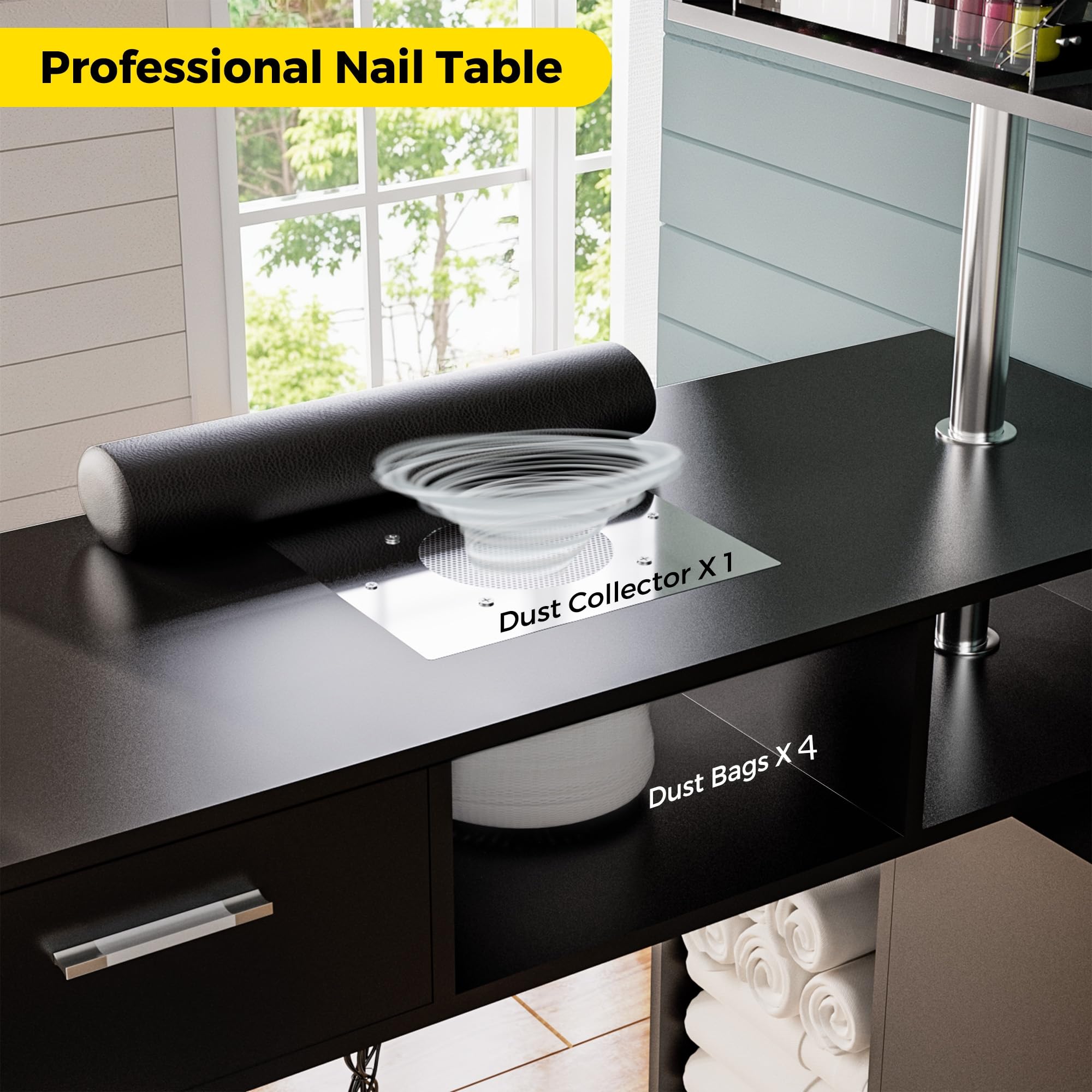 Professional Rotating L-Shaped Manicure Table with Stool - Nail Tech Desk with Built-in Dust Collector, 2-Way Drawer, Storage Cabinet & Shelves - Mobile Reversible Nail Salon Workstation (Black) | Perfect for Home Salons, Nail Technicians & Beauty Professionals