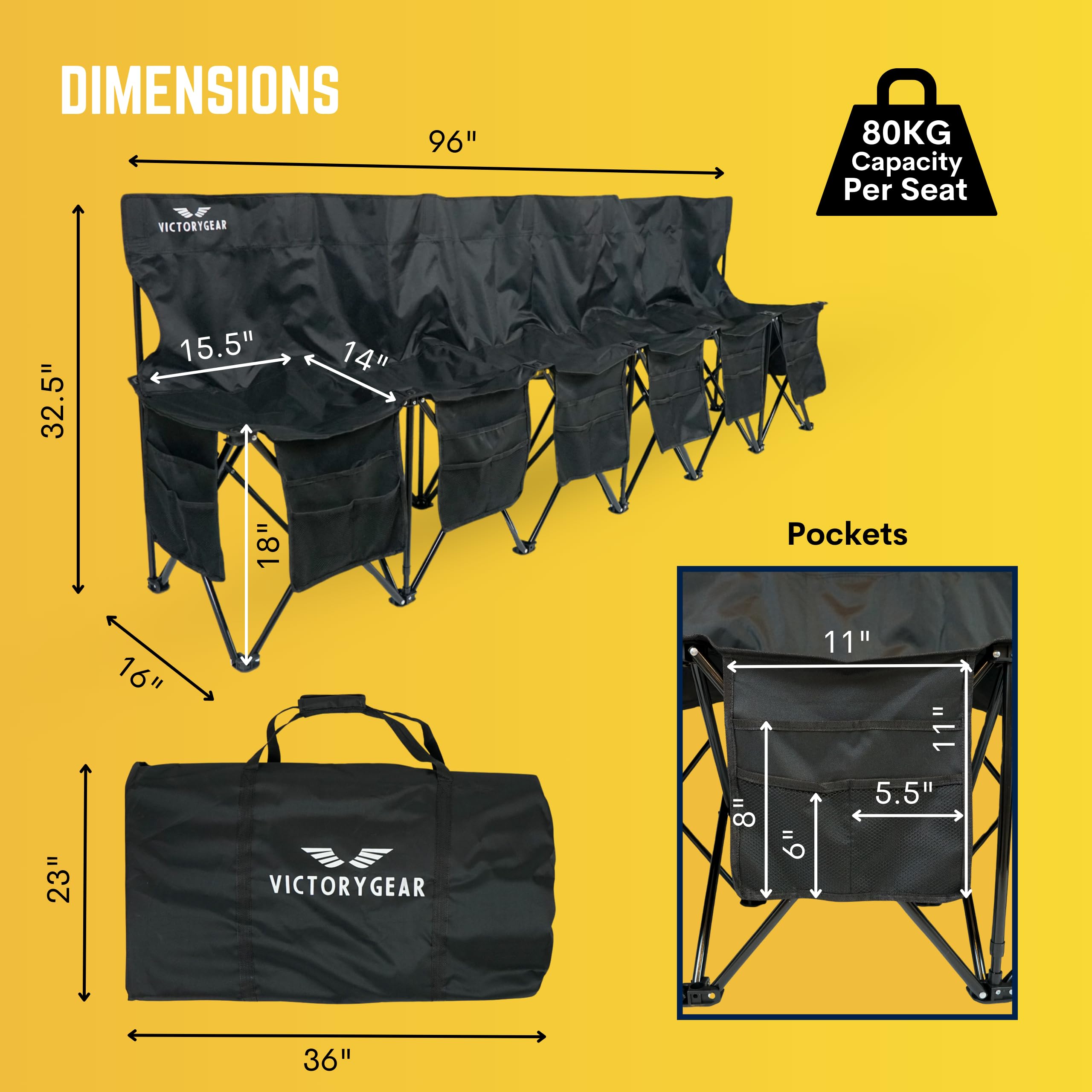 6-Seat Foldable Soccer Team Bench with 8 Pockets & Carry Bag - Portable Sideline Bench for Soccer Games, Practices & Outdoor Sports Events - Durable Folding Sports Bench for Coaches, Players & Spectators