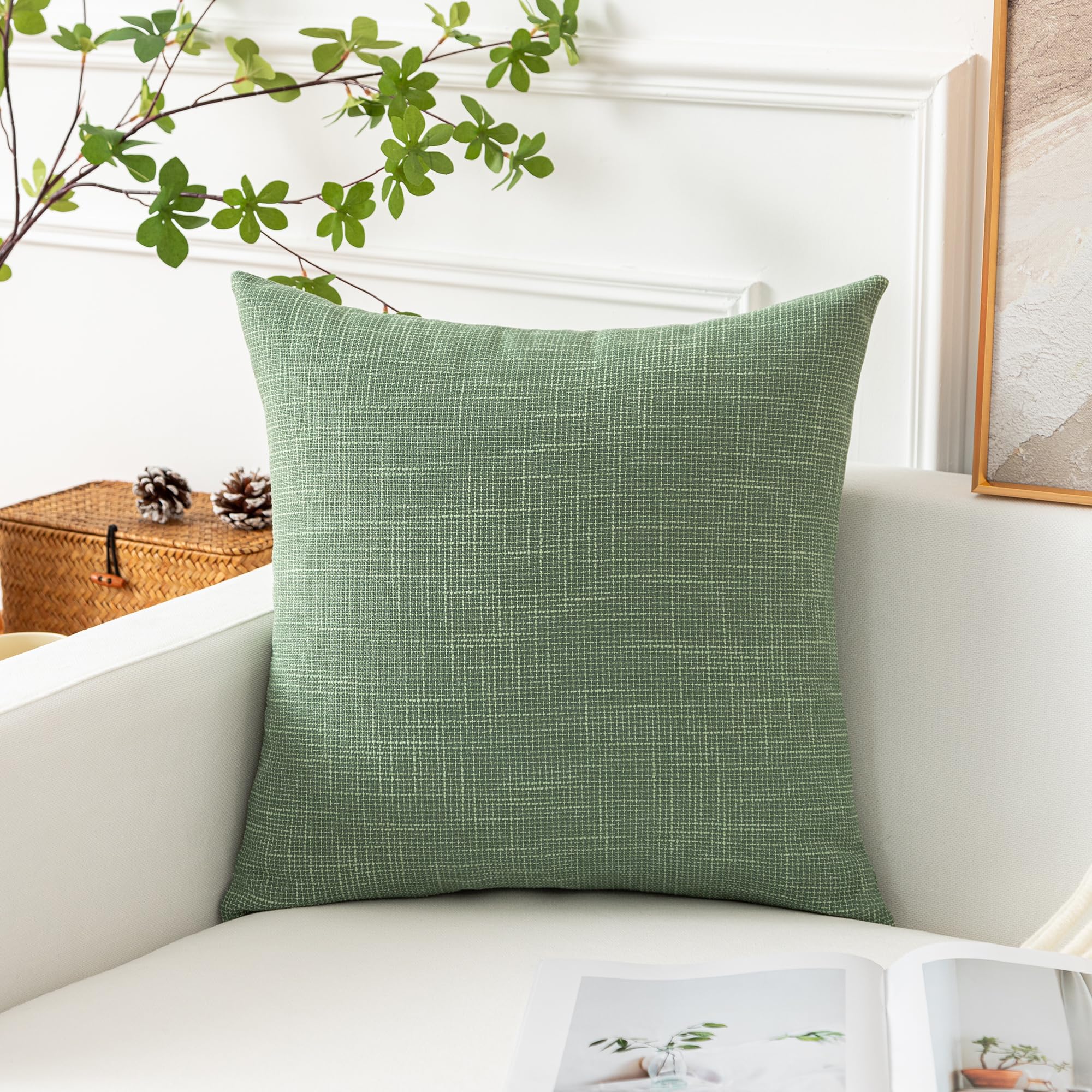 Kevin Textile Set of 2 Sage Green Linen Pillow Covers 18x18 Inch - Farmhouse Boho Decorative Throw Pillow Covers for Sofa, Couch, Bed & Home Décor - Perfect for Living Room, Bedroom and Seasonal Home Styling
