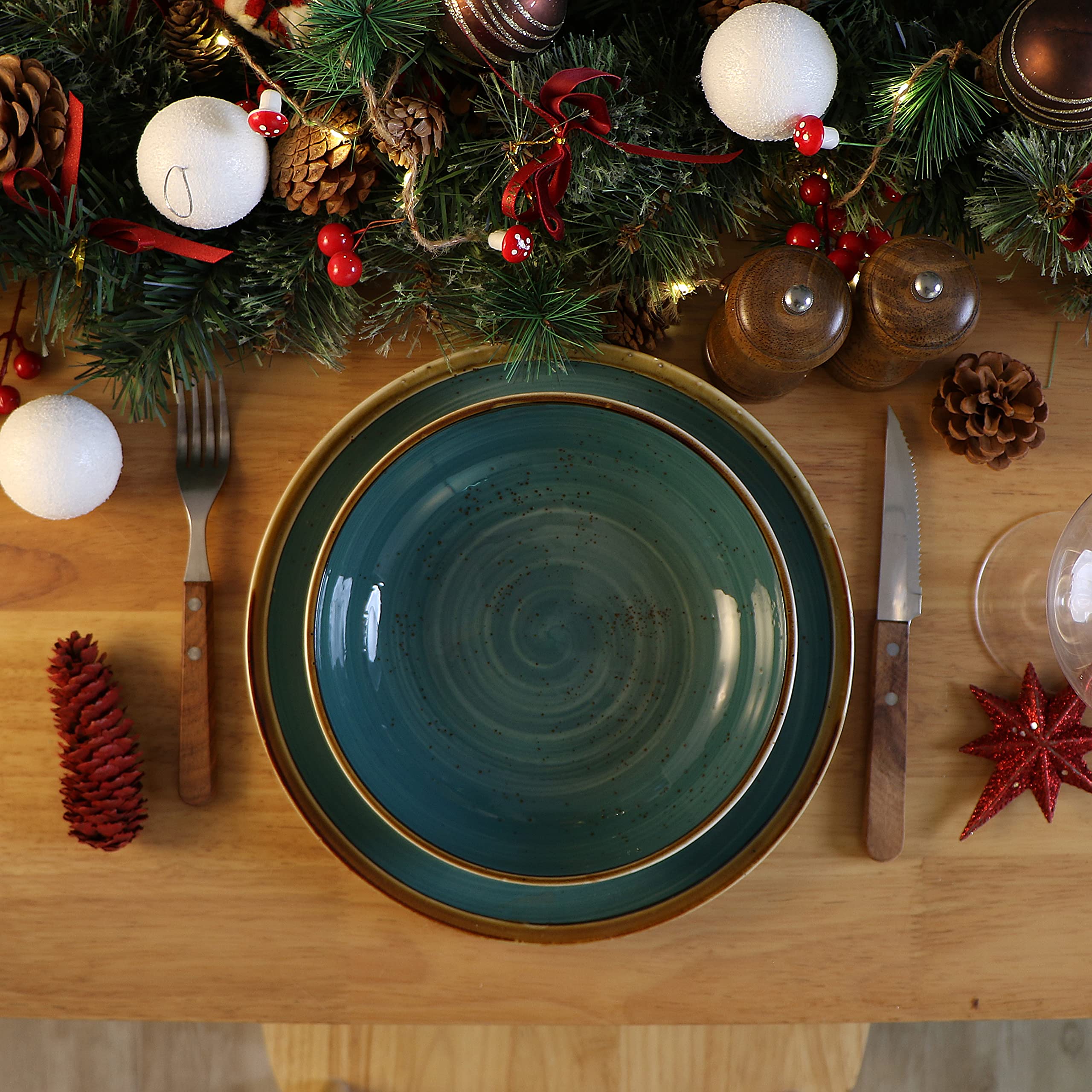 ONEMORE 30oz Porcelain Salad & Pasta Bowls Set of 6 - Ceramic Dinner Plates, Wide Shallow Serving Bowls for Soup, Dessert, Pizza - Microwave & Dishwasher Safe Kitchen Dinnerware in Teal - Perfect for Family Dinners, Parties & Restaurant Use