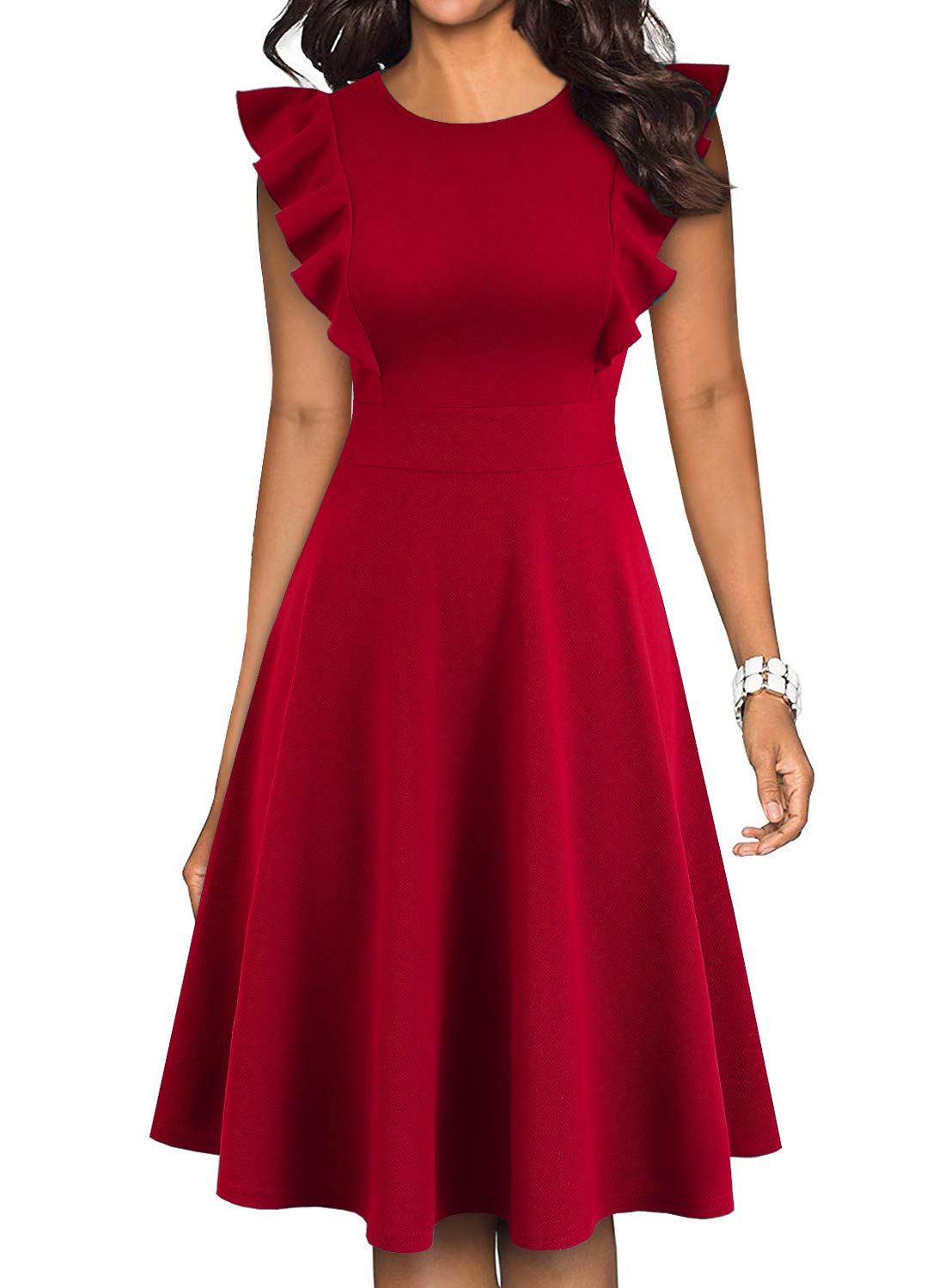 YATHON Women's Vintage Floral Ruffle Flared A-Line Swing Dress for Cocktail Party, Wedding Guest, Date Night & Special Occasions