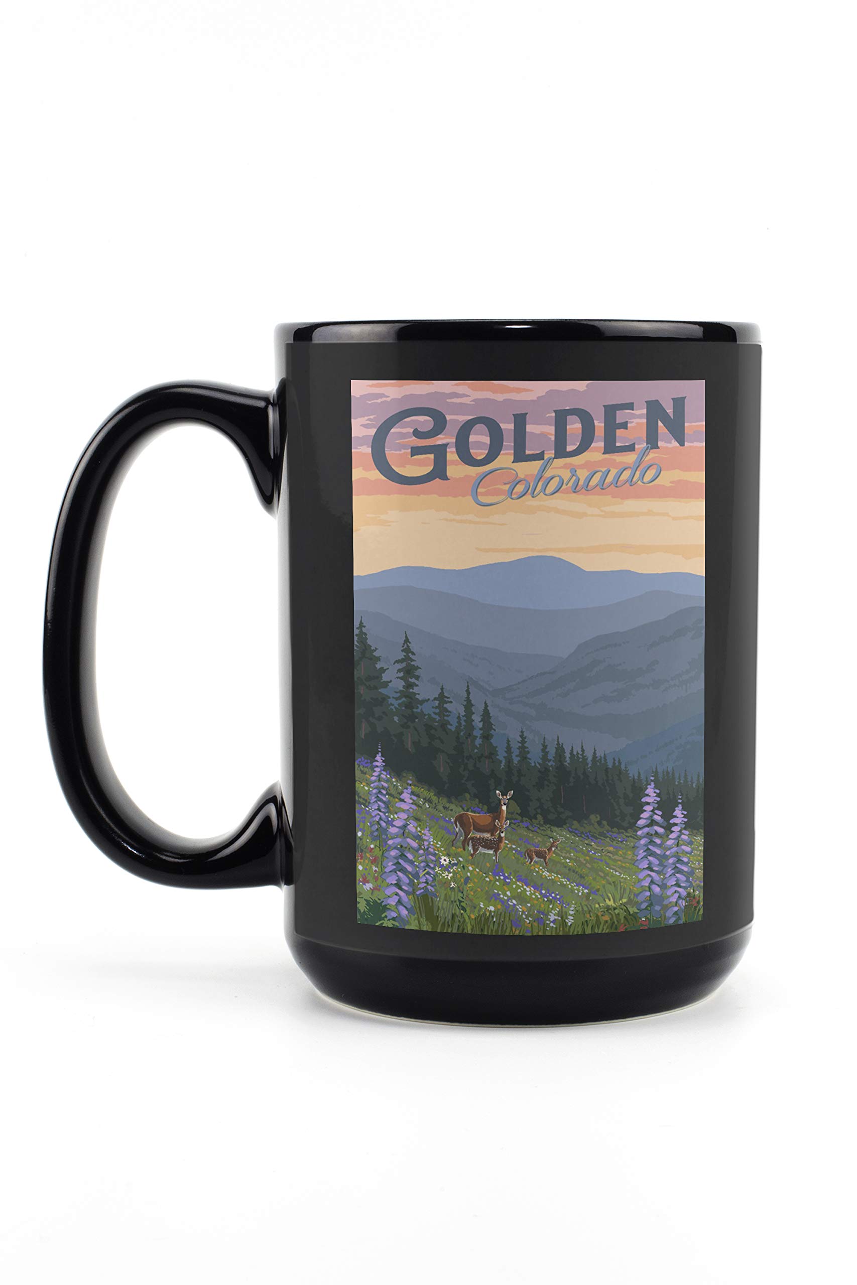 Golden Colorado Deer & Spring Flowers 15oz Black Ceramic Mug - Dishwasher & Microwave Safe Coffee Tea Cup - Perfect for Home Office Camping Gifts