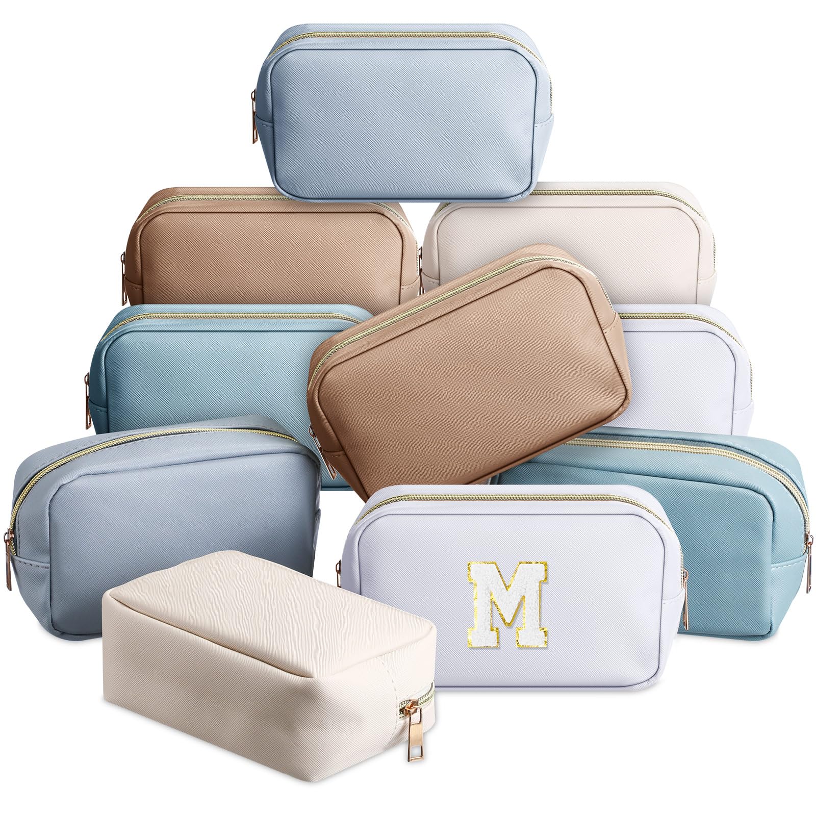 Sweetude 10 Pcs Preppy Makeup Bags - Bulk Cosmetic Organizer for Women, PU Leather Toiletry Pouch Set in Morandi Colors - Perfect for Bridesmaid Gifts, Wedding Favors, Bachelorette Parties & Travel Essentials