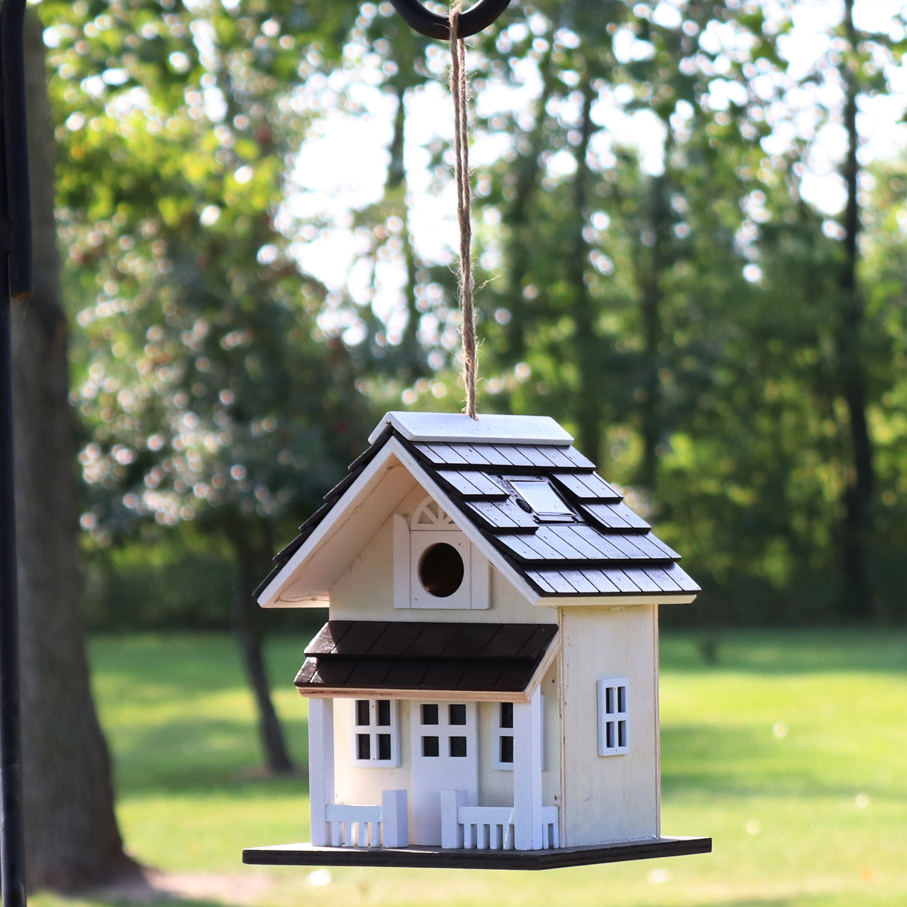 Sunnydaze Solar Powered LED Hanging Bird House - Weatherproof Wooden Outdoor Decor for Garden, Patio, and Backyard - Attracts Birds with Cozy Home Design