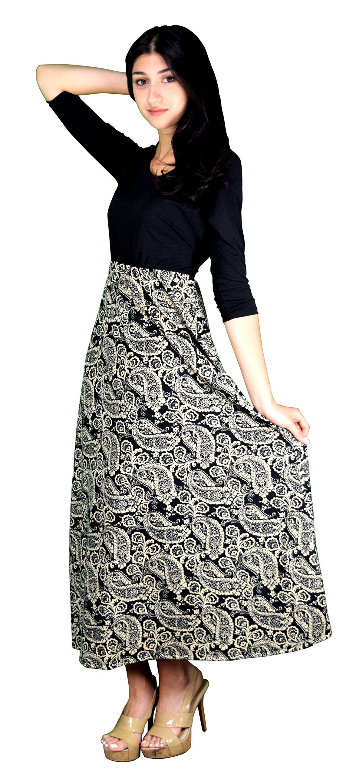 Women's Casual Summer Black Paisley Print Maxi Dress with Elastic Waist - Perfect for Beach Vacations, Date Nights & Summer Parties