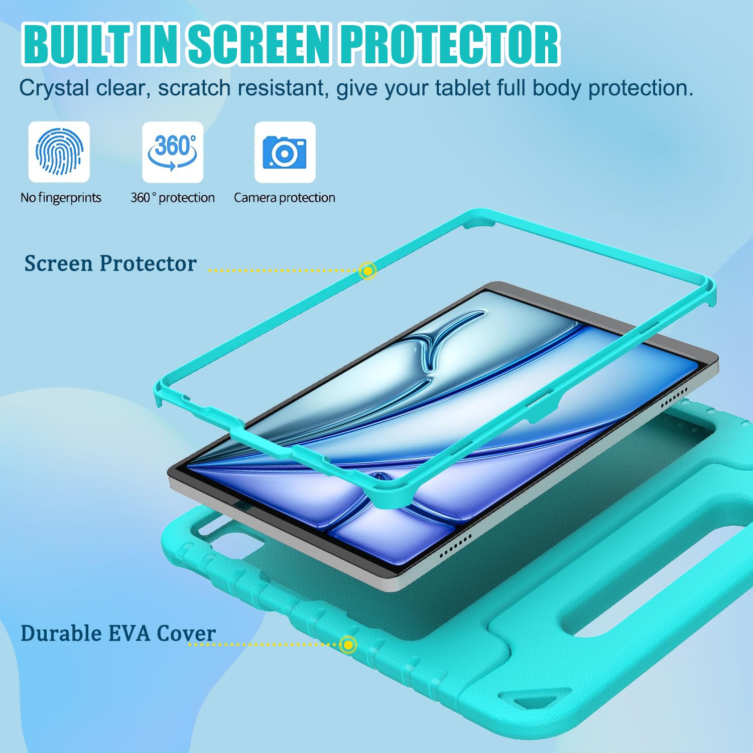 BMOUO Shockproof Kids Case for iPad Air 11-inch M3 (2025) & M2 (2024), iPad Air 5th Gen (2022) & 4th Gen (2020) 10.9 Inch - Convertible Handle Stand Protective Cover in Turquoise - Perfect for School, Travel & Home Learning