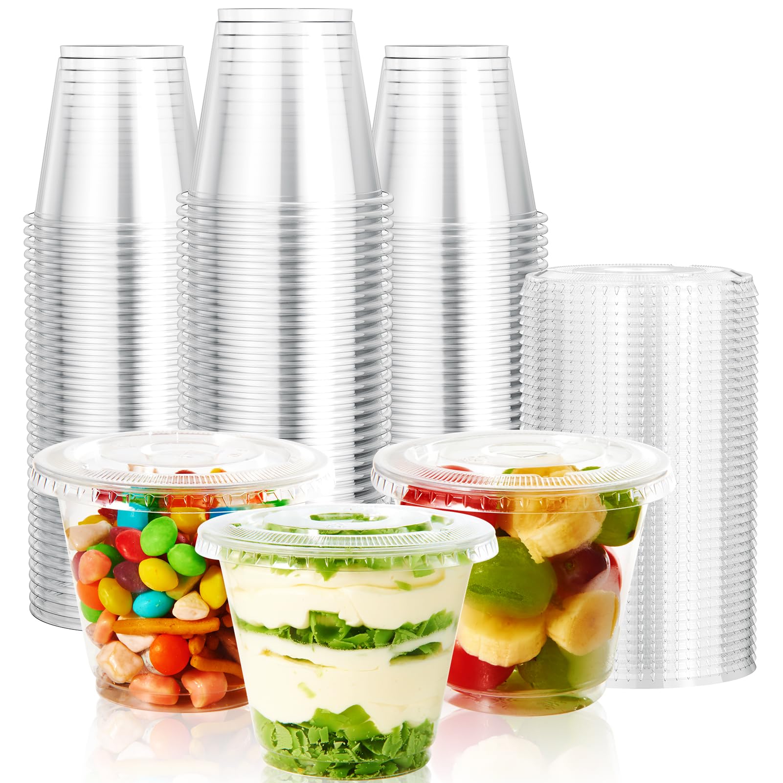 Vplus 200 Pack 9oz Clear PET Plastic Cups with Flat Lids - Disposable Crystal Cups for Parfait, Yogurt, Desserts, Snacks, Jelly & Fruit - Perfect for Parties, Catering, Restaurants & Home Use