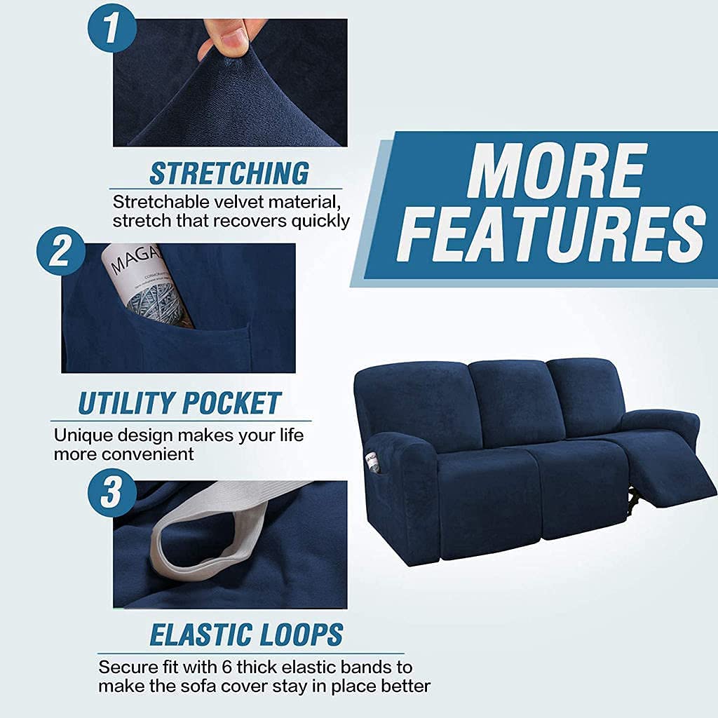 Premium Stretch Velvet Recliner Covers - Non-Slip Washable 3-Seater Sofa Slipcover for Living Room | Navy Blue Reclining Couch Protector | Perfect for Home Theater, Family Rooms & Cozy Lounging