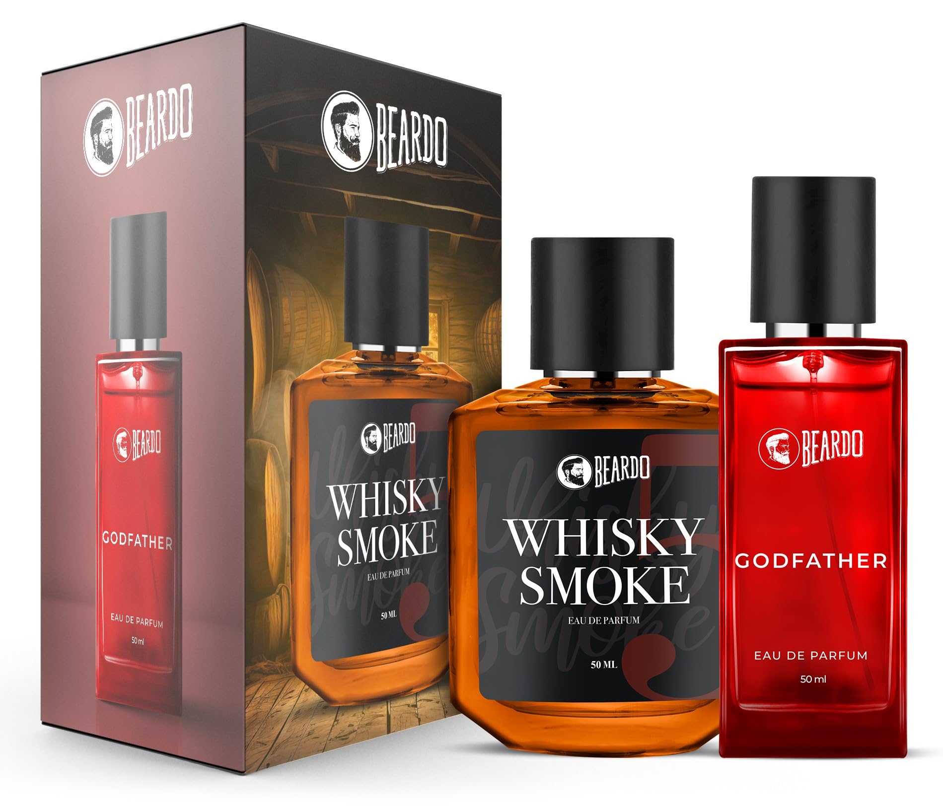 BEARDO Men's Whisky Smoke & Godfather Cologne Gift Set (50ml x 2) - Spicy Woody Oudh & Aromatic Fragrance for Men - Long Lasting Eau de Parfum - Perfect Gift for Husband, Boyfriend, Father's Day & Special Occasions - Date Night, Office Wear & Evening Events