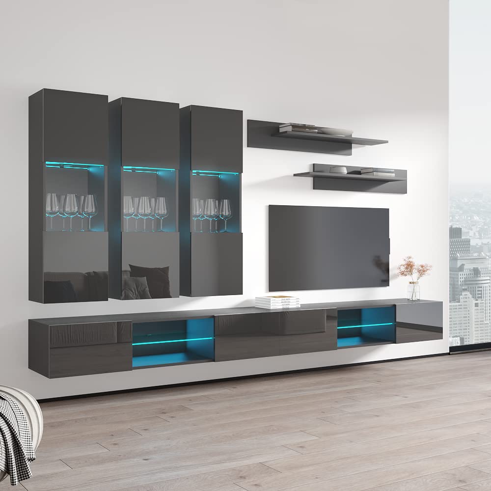 Modern Gray Wall-Mounted TV Stand with Storage Shelves & LED Lights - Meble Fly E33 Entertainment Center Console for Bedroom & Living Room - Perfect for Small Spaces, Home Theater Setup & Stylish Media Organization