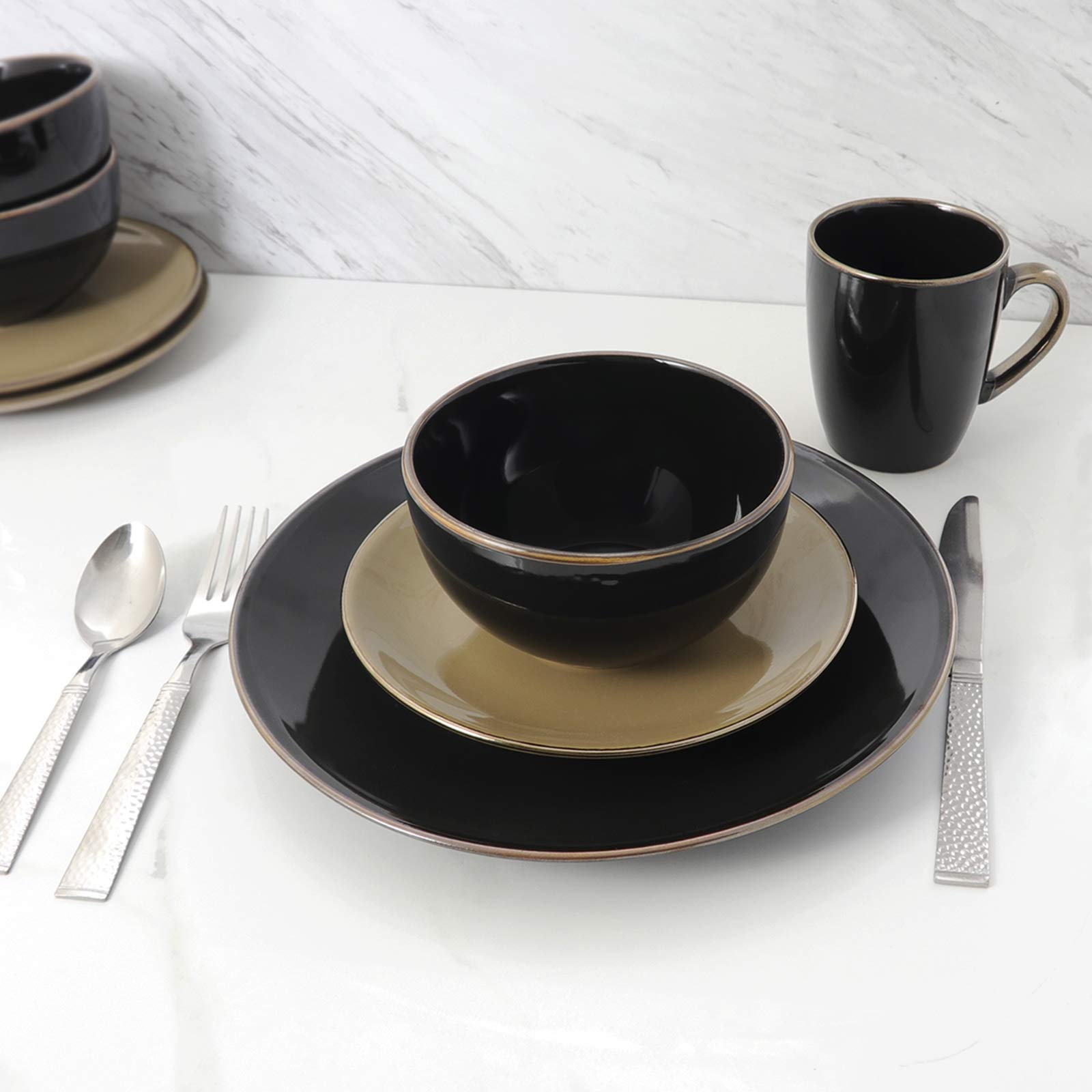 Elama 16-Piece Round Stoneware Dinnerware Set - Black & Warm Taupe | Durable Stone Dish Set for Everyday Dining, Dinner Parties & Restaurant Use