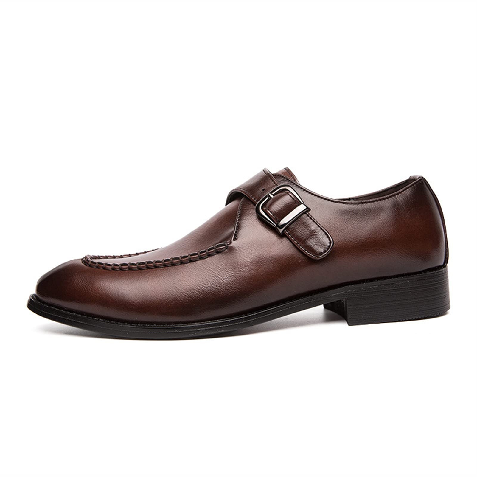 Men's Vegan Leather Dress Shoes - Slip On Monk Strap Business Shoes with Anti-Slip Rubber Sole & Burnished Toe | Formal Office Wear, Wedding Attire & Professional Work Shoes (Brown)