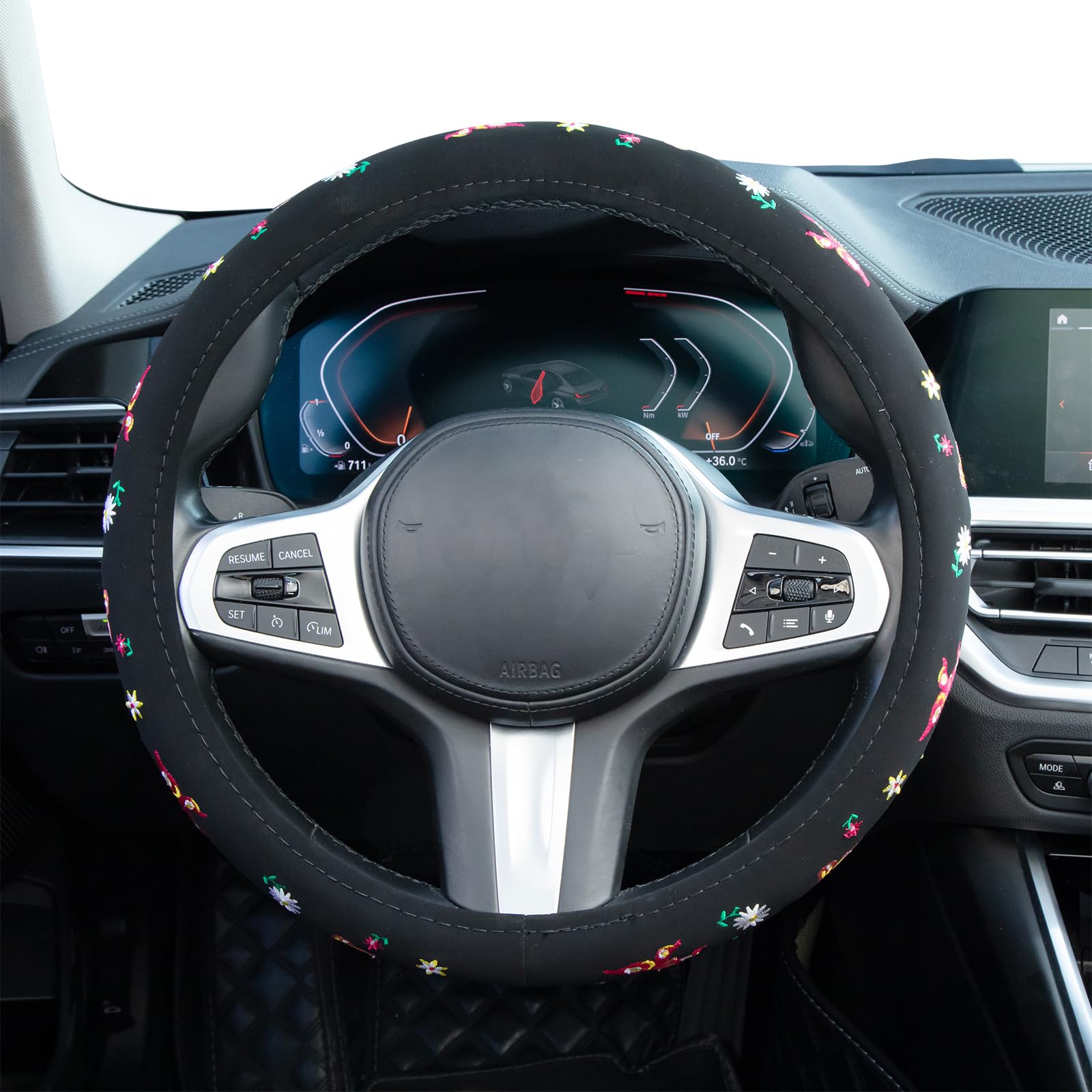 Embroidered Butterfly Daisy Black Steering Wheel Cover - Anti-Slip Breathable Car Steering Wheel Protector for Women, Universal 15 Inch Fit Most Vehicles | Perfect for Daily Commute & Road Trips