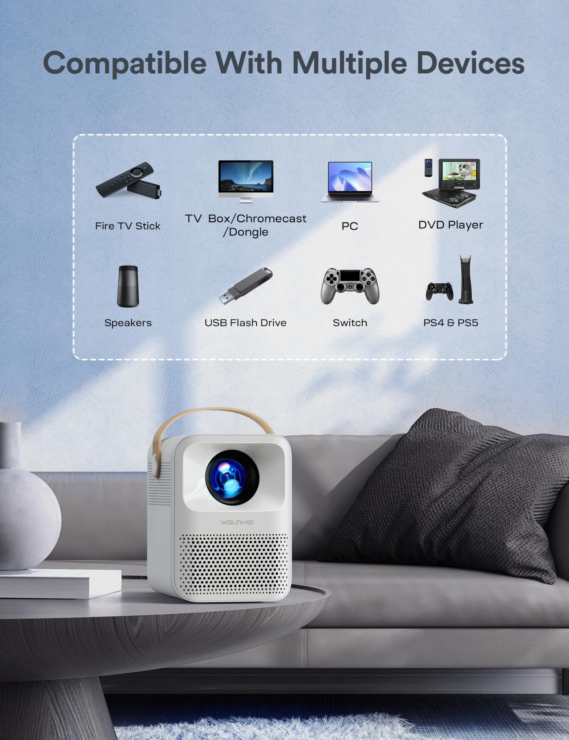 WOLFANG 4K Mini Projector - 15000L Portable Movie Projector with 5G WiFi & Bluetooth, 200