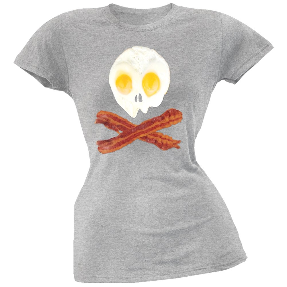 Skull and Crossbones Eggs and Bacon Graphic Soft Juniors T-Shirt - Fun Breakfast Lover Apparel for Teens & Youth