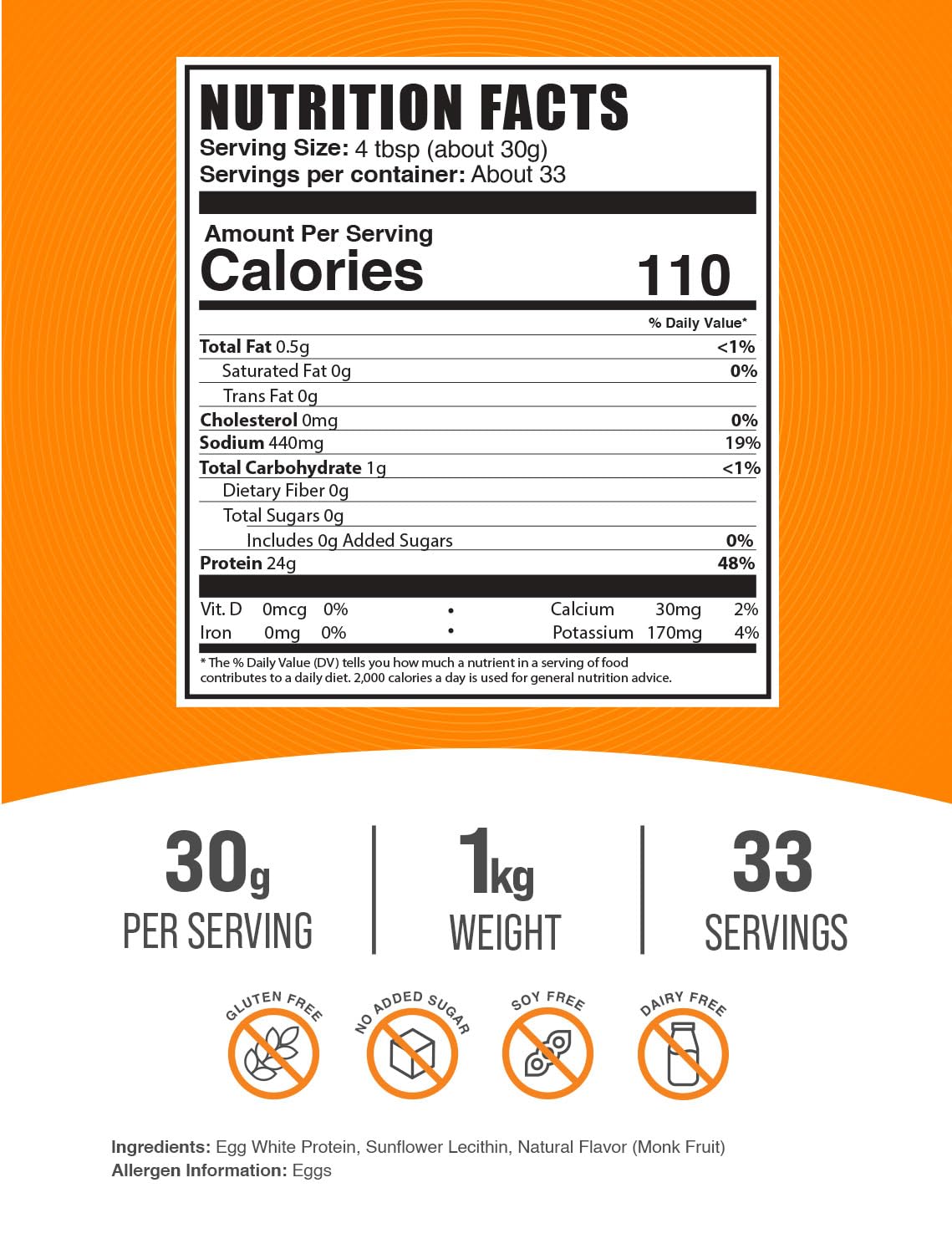 BulkSupplements Pure Egg White Protein Powder - Lactose Free, Unflavored, Dairy Free Protein Supplement - 30g per Serving, 1kg (2.2 lbs) - Ideal for Baking, Smoothies & Post-Workout Recovery