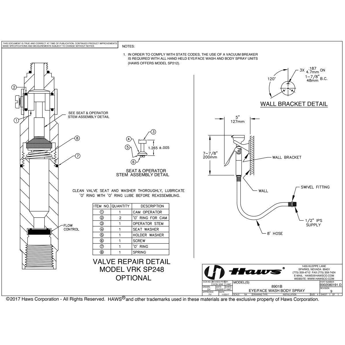 Haws 8901B Wall Mounted Body Spray with 8' Hose - Durable Stainless Steel Shower Spray for Spa, Gym & Home Bathroom Renovation