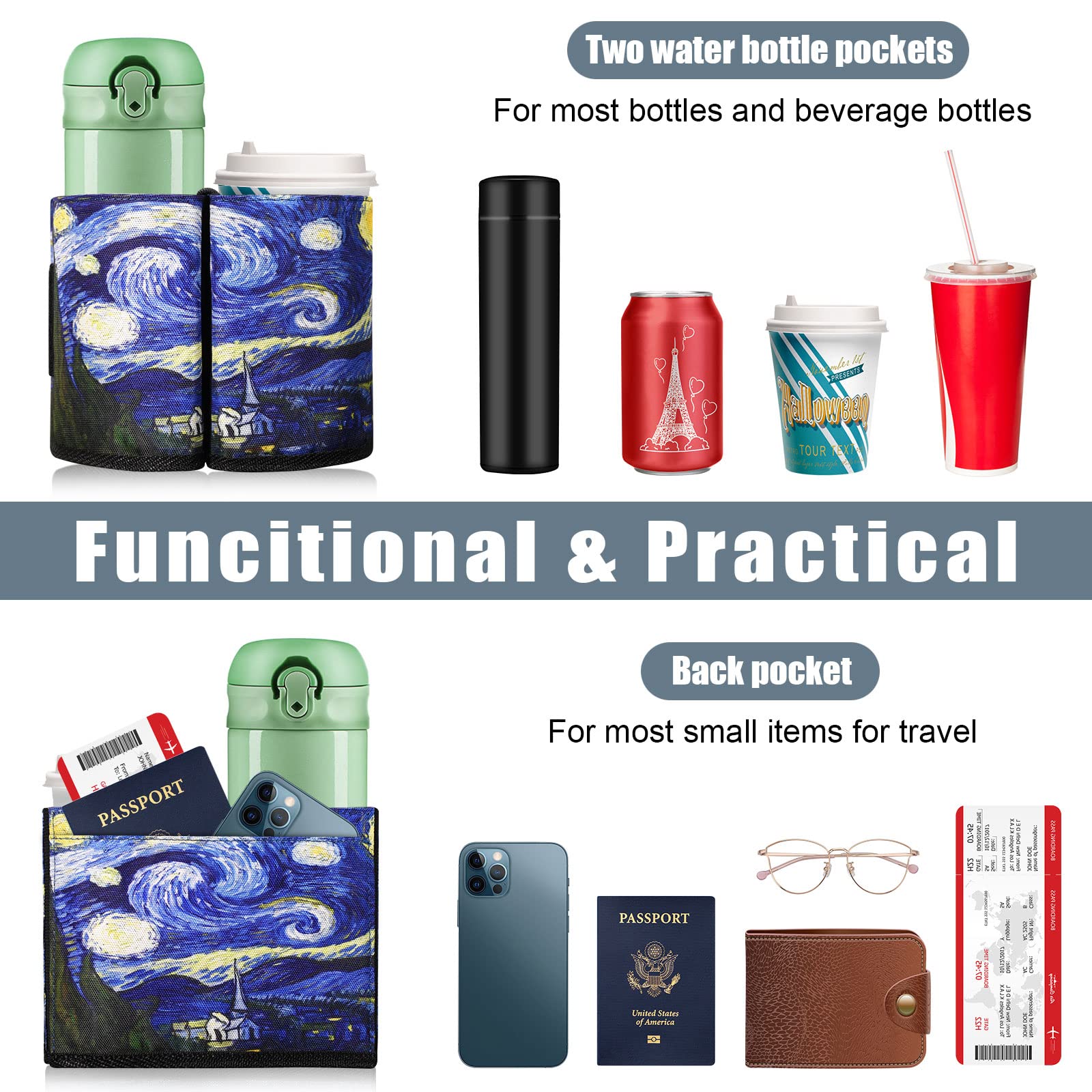 ACdream Luggage Cup Holder - Portable Suitcase Drink Carrier for Travel, Free Hands Coffee & Water Caddy - Perfect Flight Attendant Gift & Airplane Travel Accessories (Starry Night Design) - Ideal for Airports, Commuting, and Business Trips