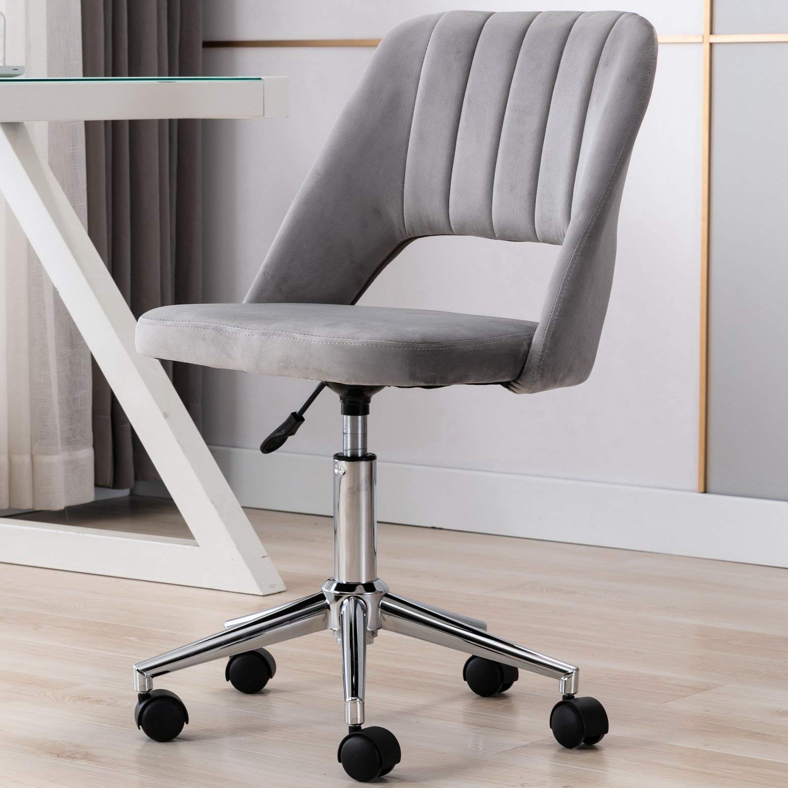 Wahson Grey Velvet Office Chair with Wheels - Swivel Task Chair for Home Office, Vanity Desk & Study - Ergonomic Rolling Computer Chair for Work & Gaming